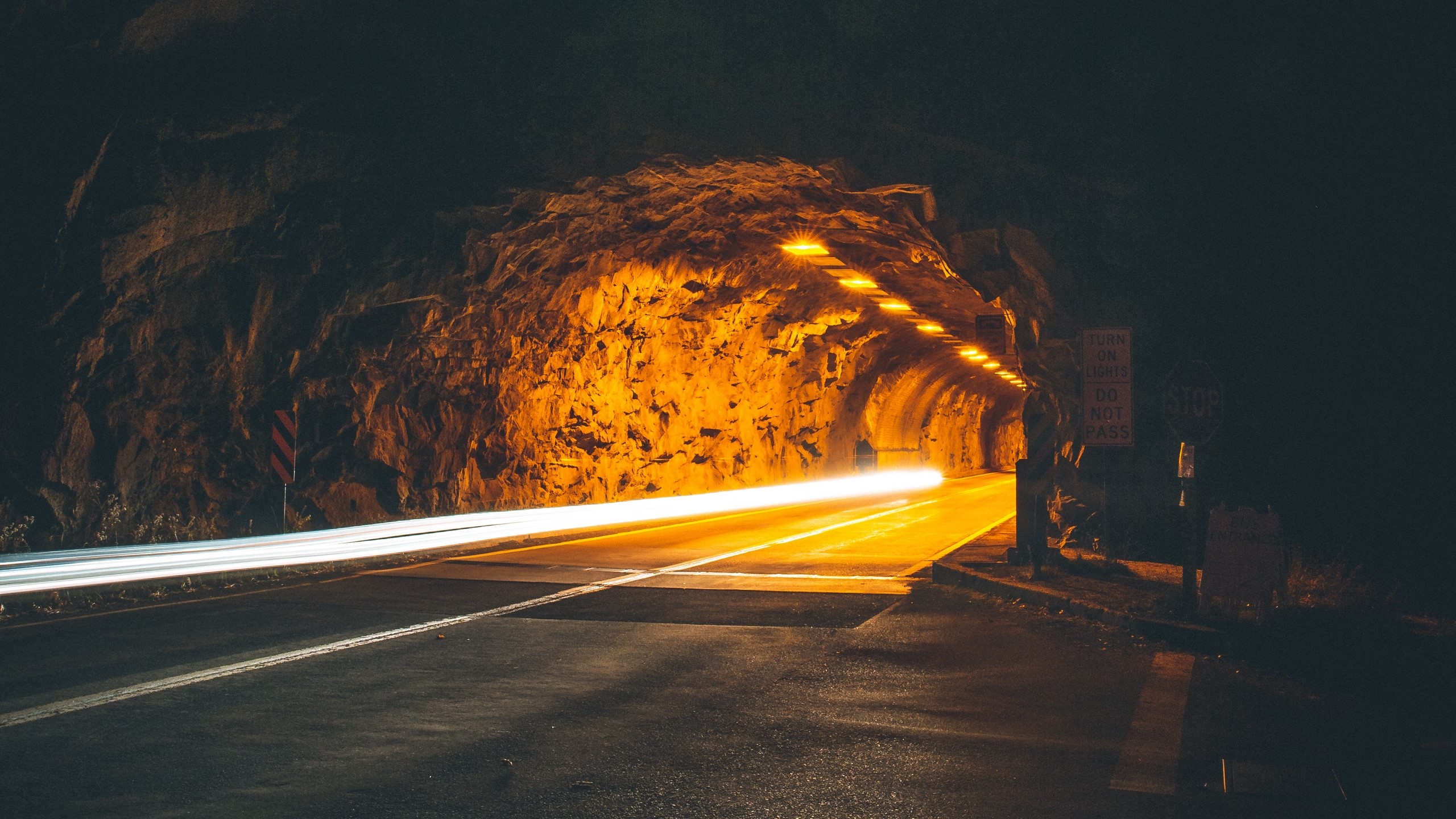 tunnel, lights, backlight, backlighting, night, light trails, HD Wallpaper