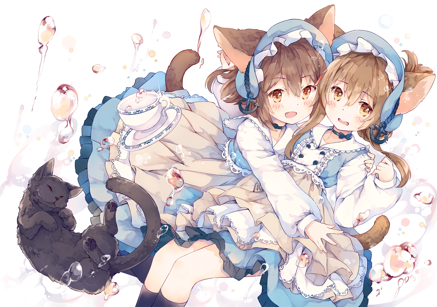 anime, anime girls, animal ears, cup, cats, brunette, brown eyes, HD Wallpaper
