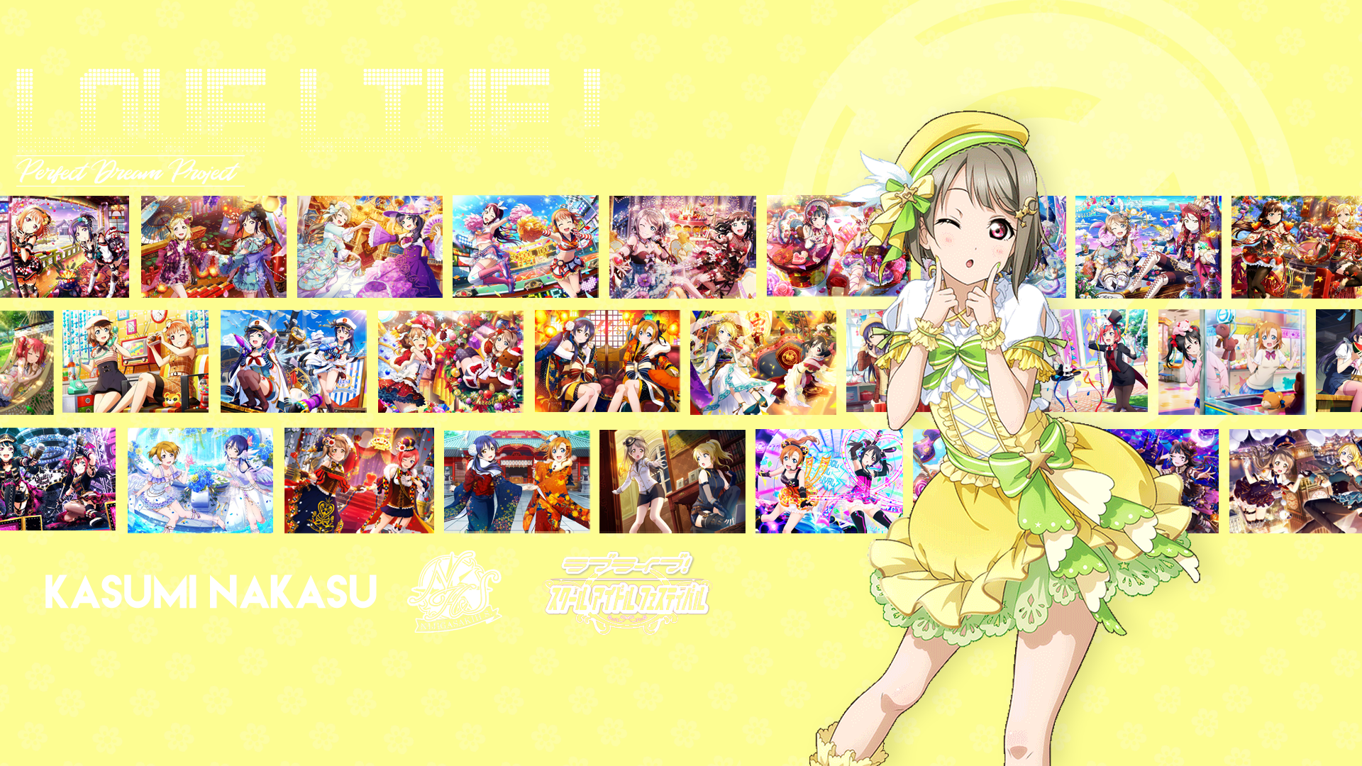Love Live!, anime, anime girls, yellow background, dress, hat, collage, HD Wallpaper