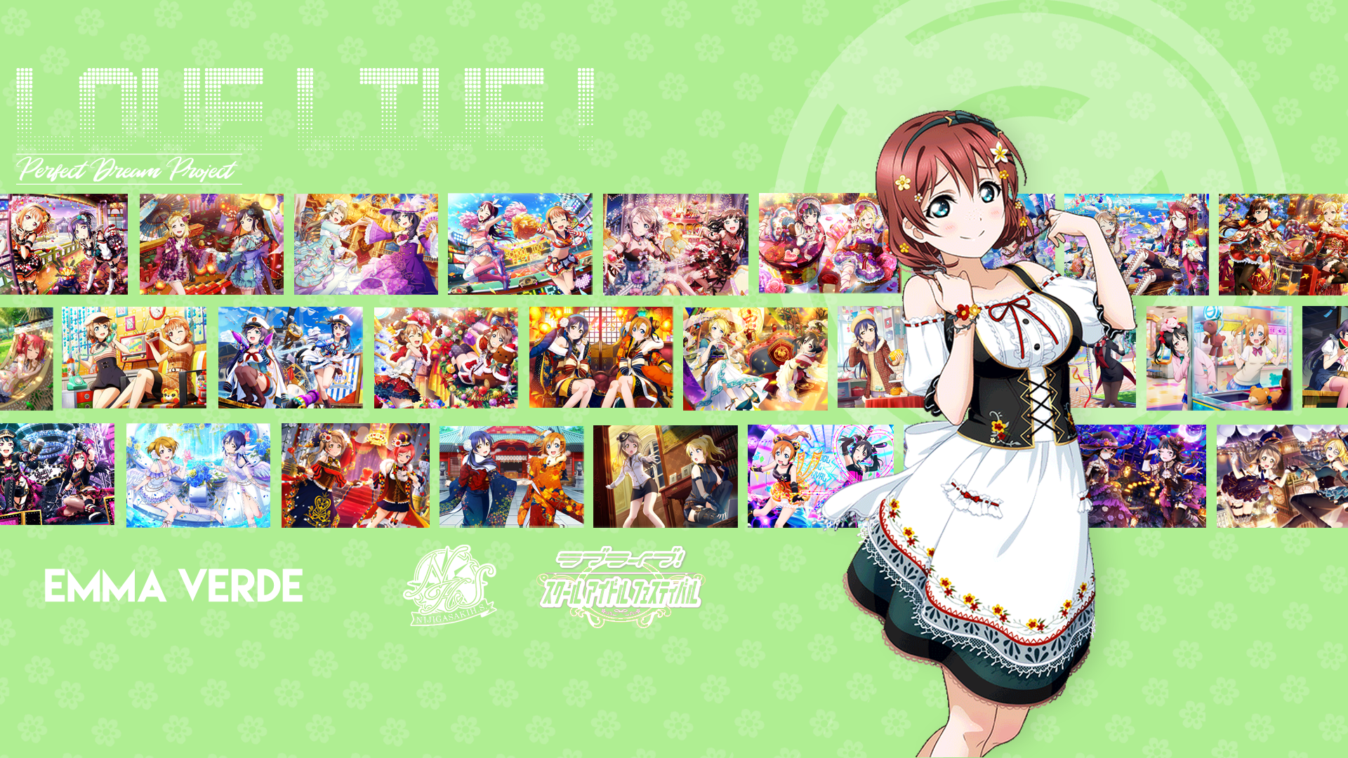 Love Live!, anime, anime girls, dress, green background, HD Wallpaper