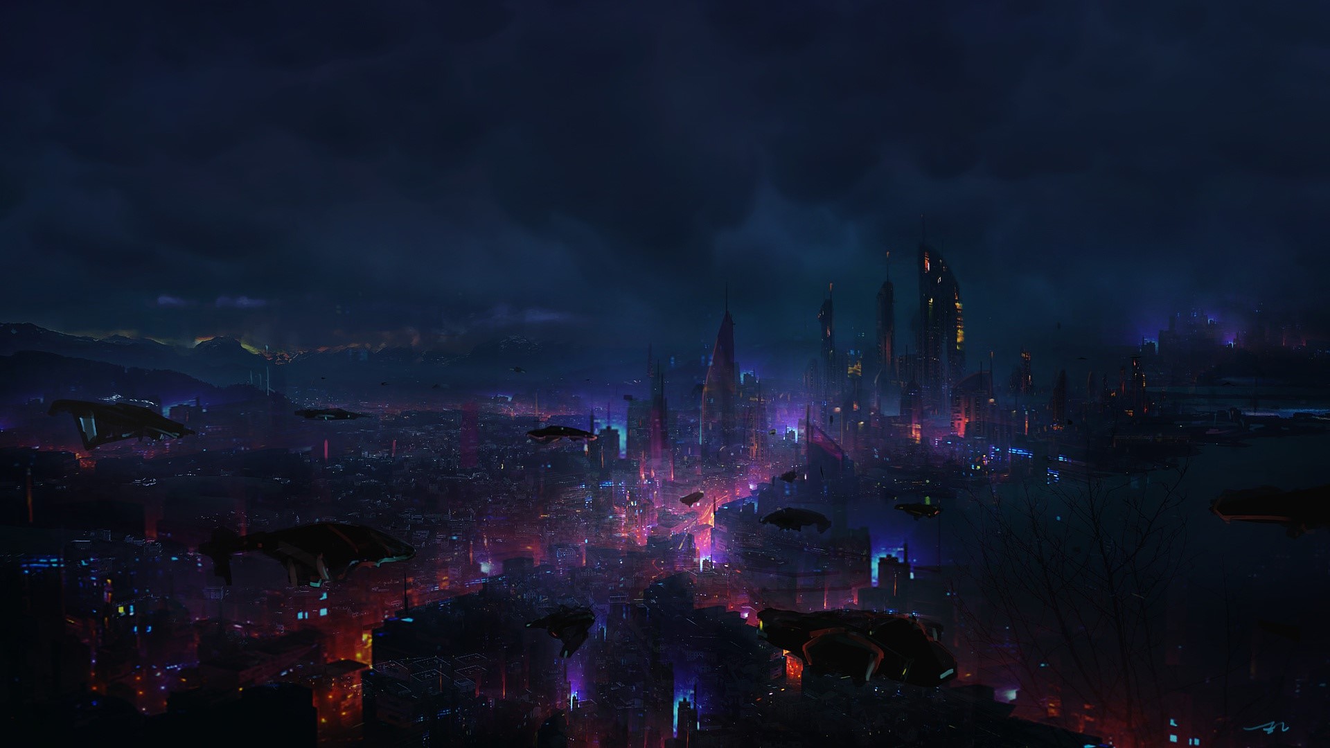 dark, futuristic city, digital art, science fiction, HD Wallpaper