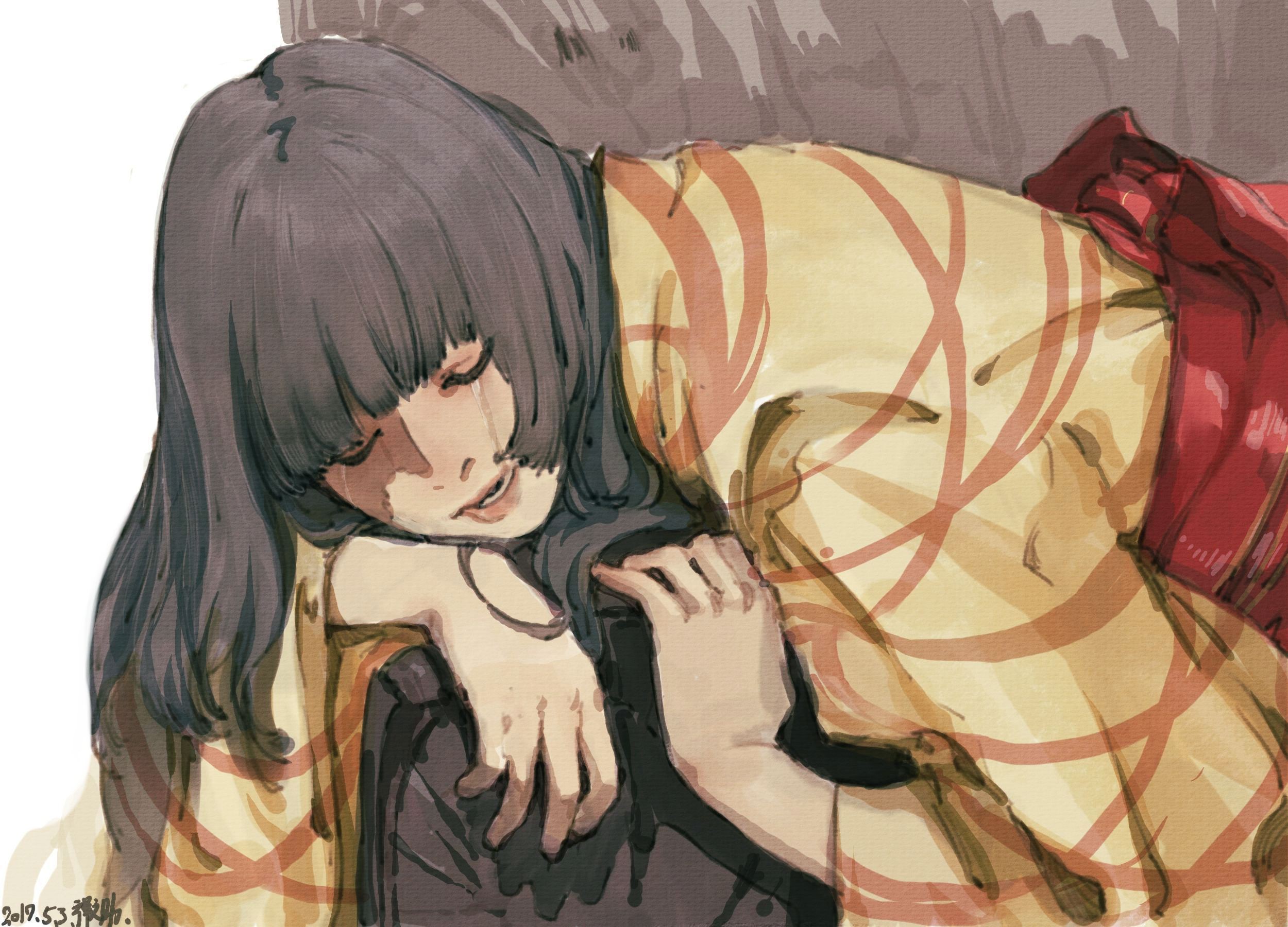 anime girls, anime, closed eyes, dark hair, HD Wallpaper
