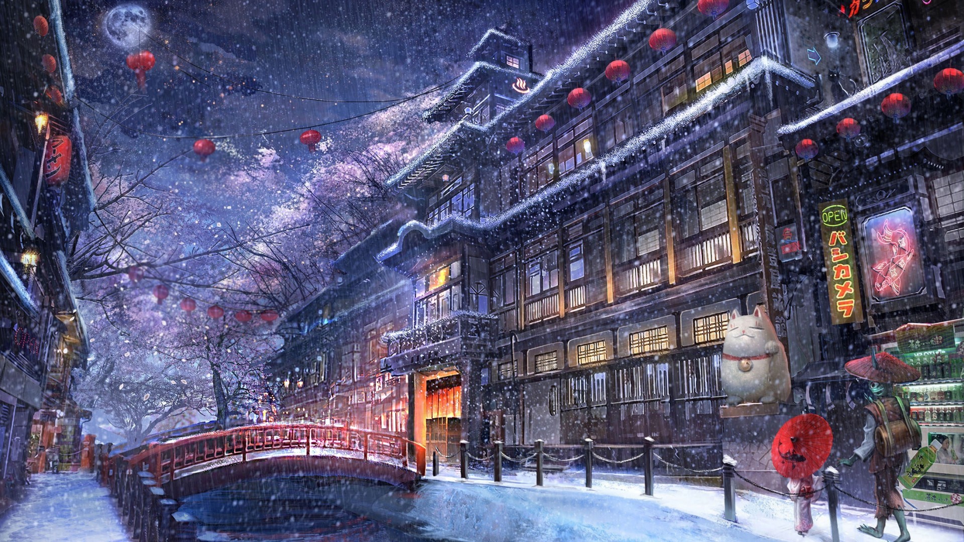 snow, anime, night, winter, HD Wallpaper