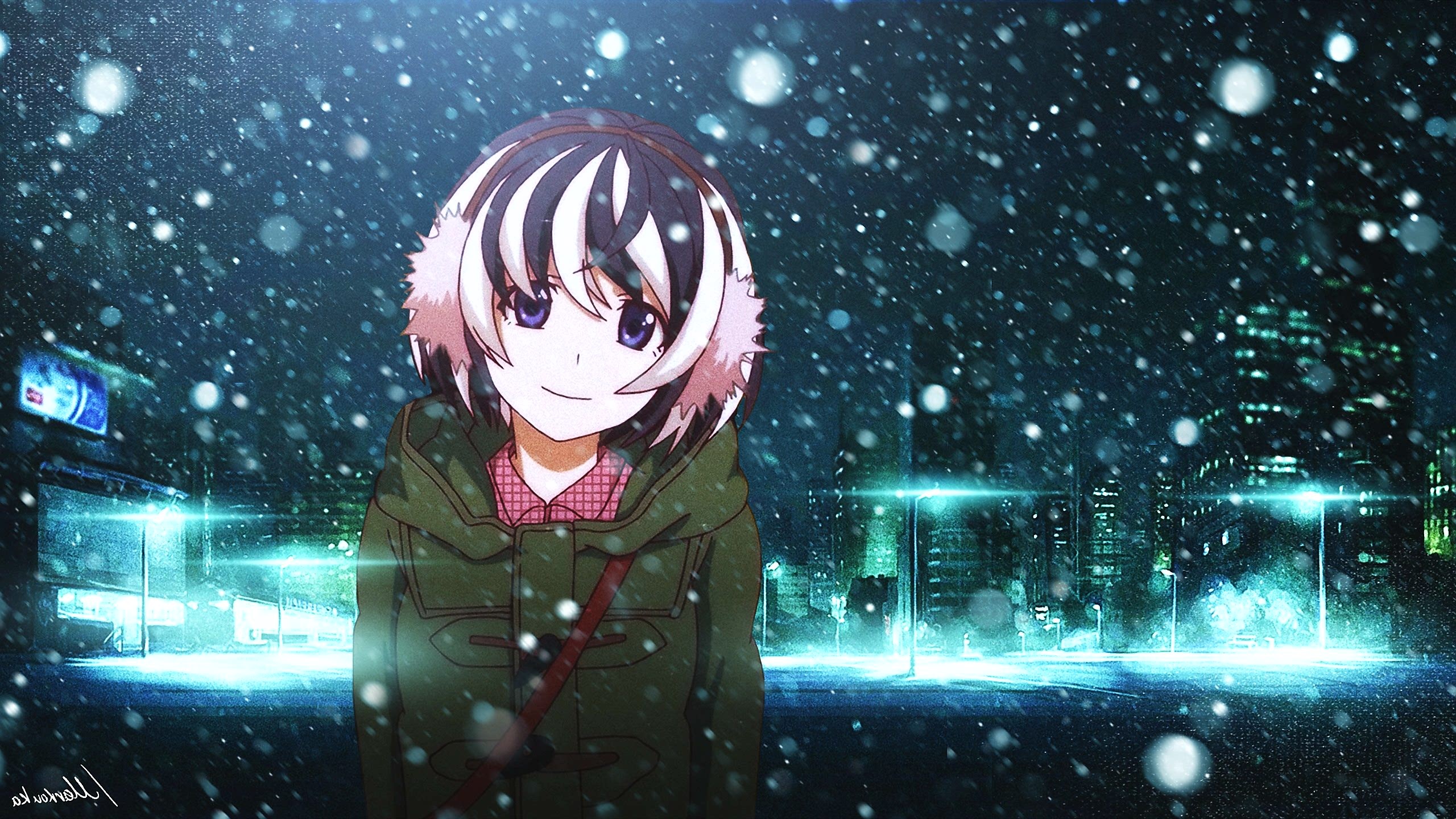anime, anime girls, white skin, Monogatari Series, artwork, dark eyes, Hanekawa Tsubasa, winter, film stills, cyan, HD Wallpaper