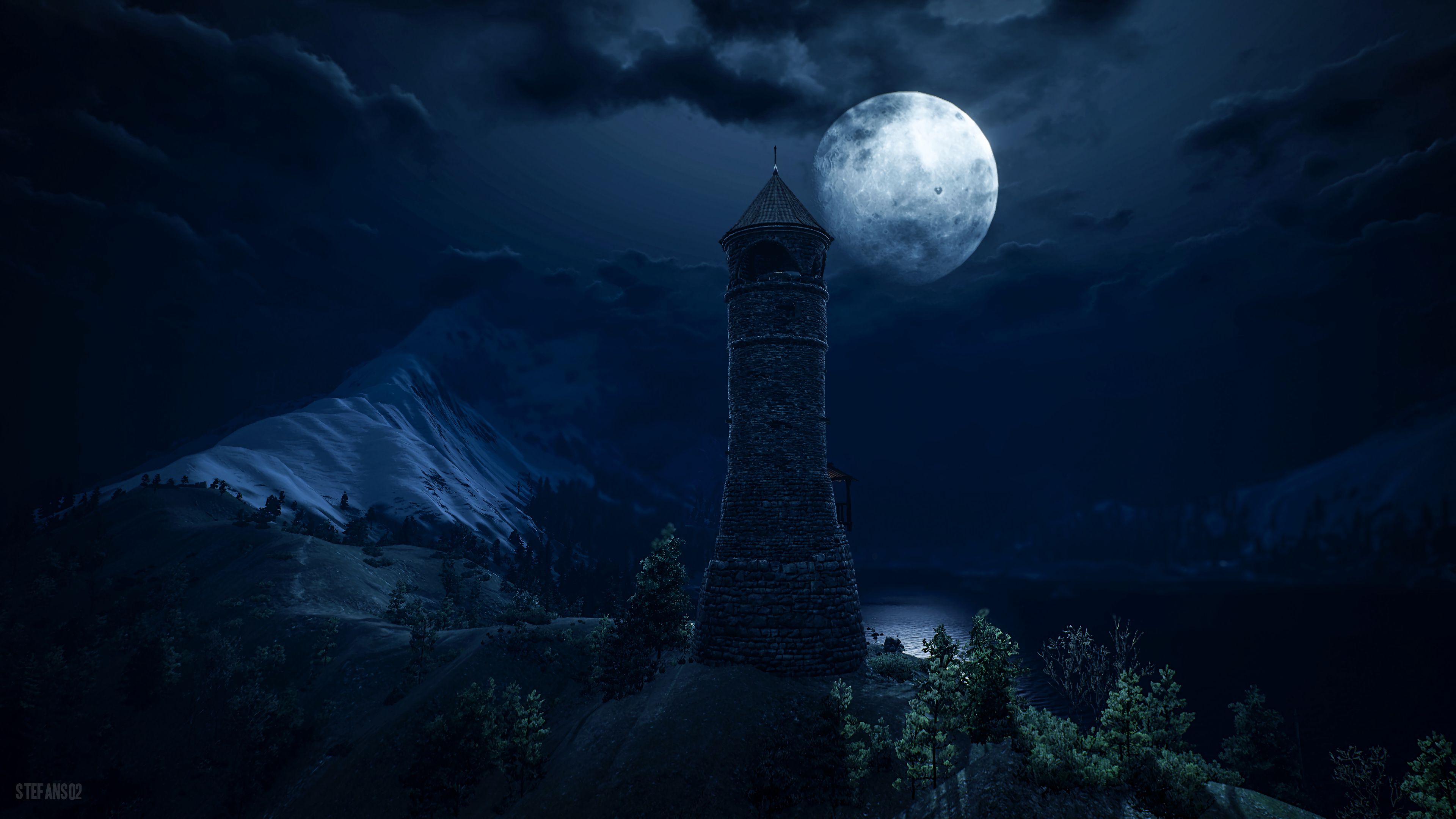 lighthouse, tower, full moon, dark, fantastic, art, 4k, HD Wallpaper