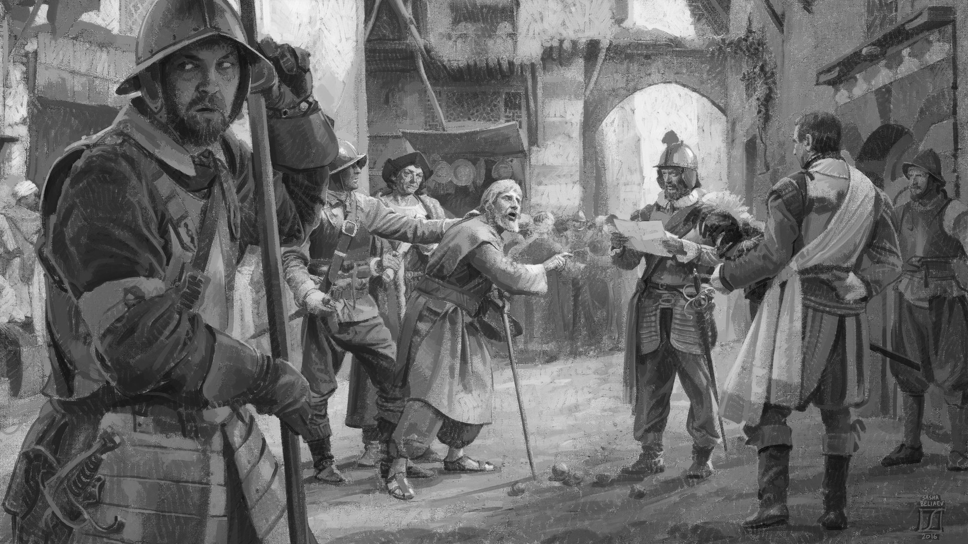 Sasha Beliaev, monochrome, people, women, painting, crowds, soldier, armor, clothes, street, men, sabre, helmet, tie, HD Wallpaper