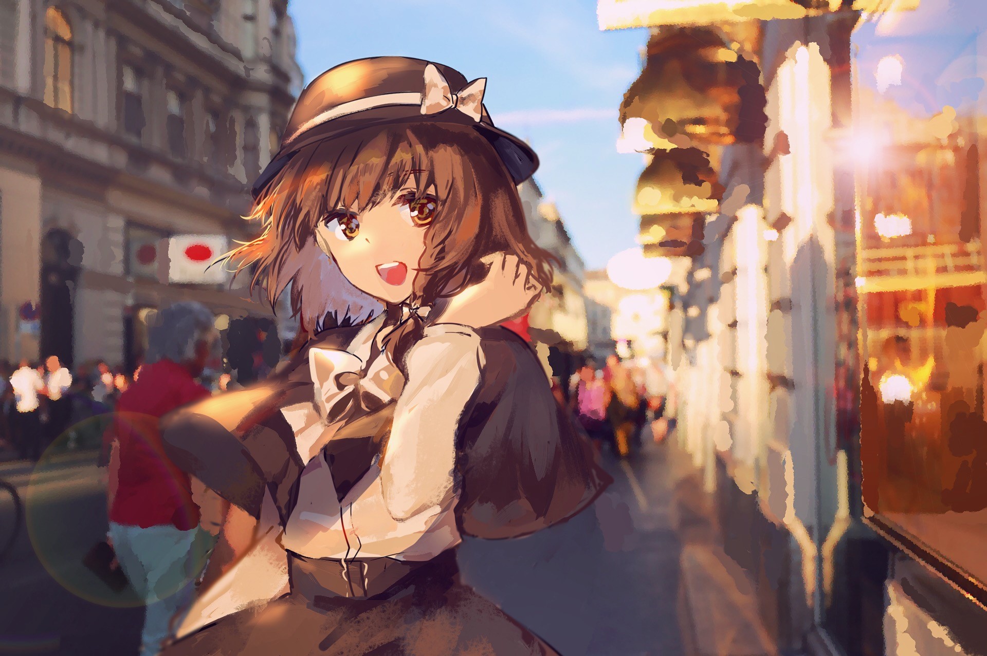 anime, anime girls, urban, hat, open mouth, HD Wallpaper