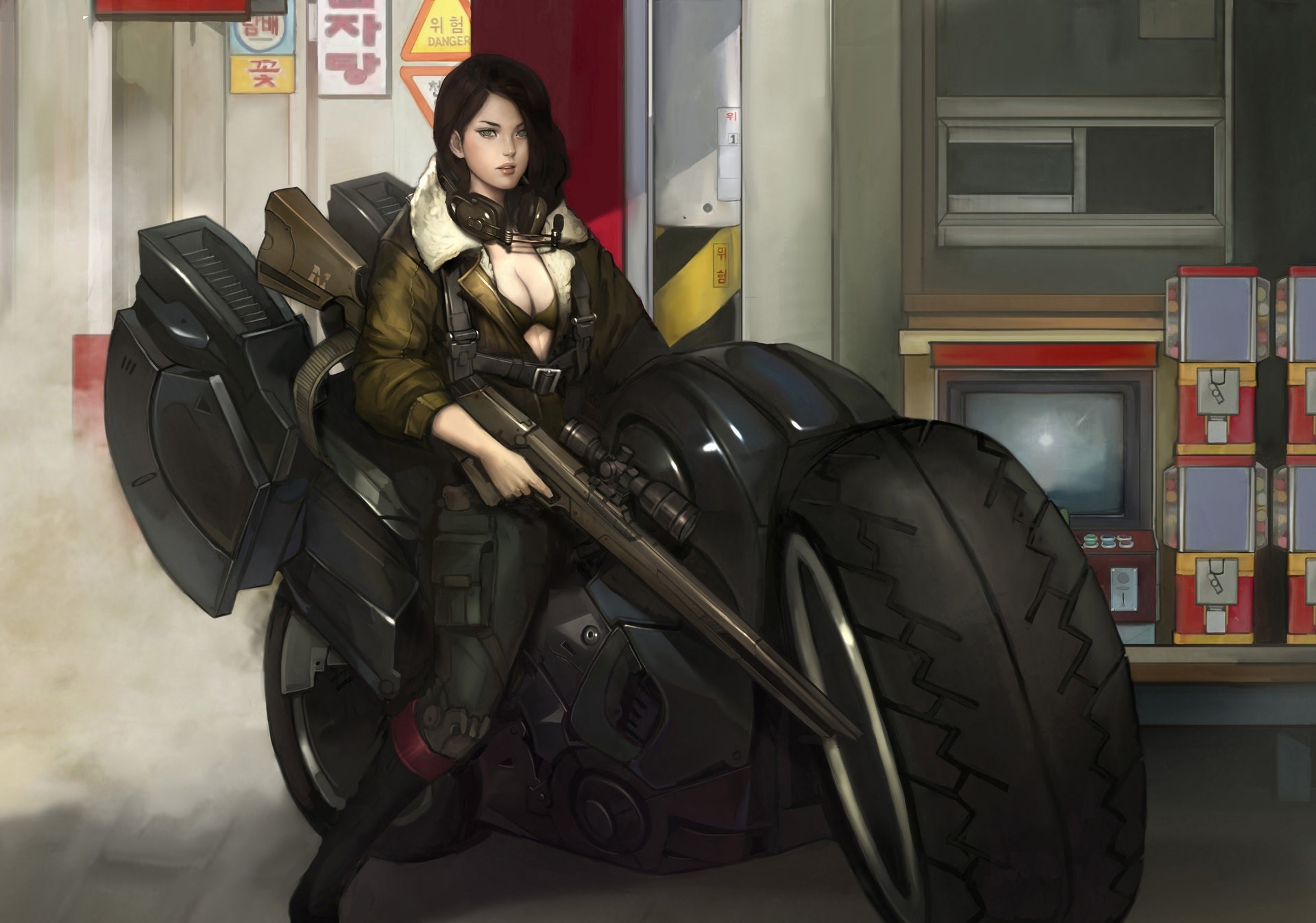 digital art, women, cleavage, motorcycle, sniper rifle, soldier, HD Wallpaper