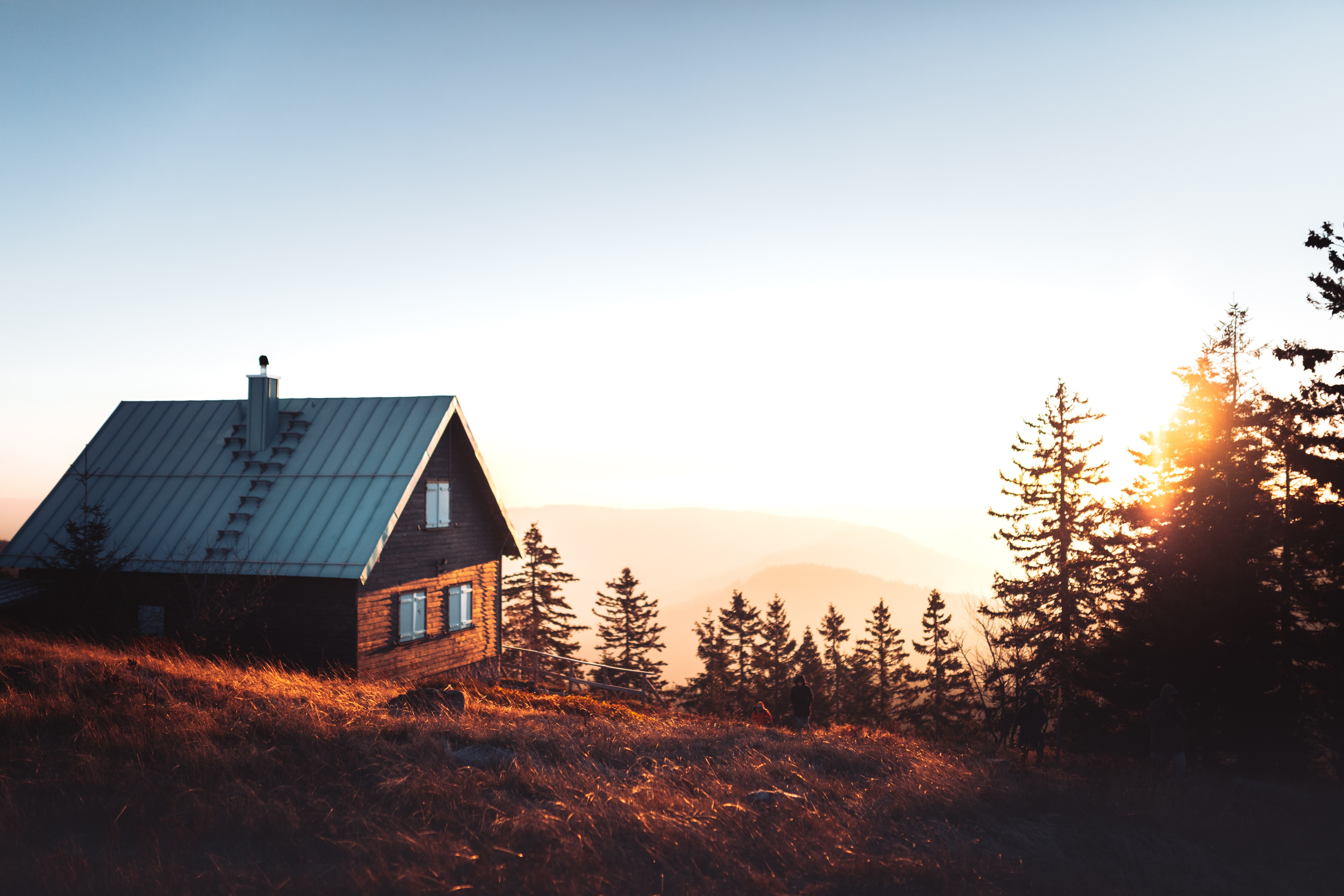 house, forest, nature, mountains, sunlight, trees, clear sky, cabin, HD Wallpaper