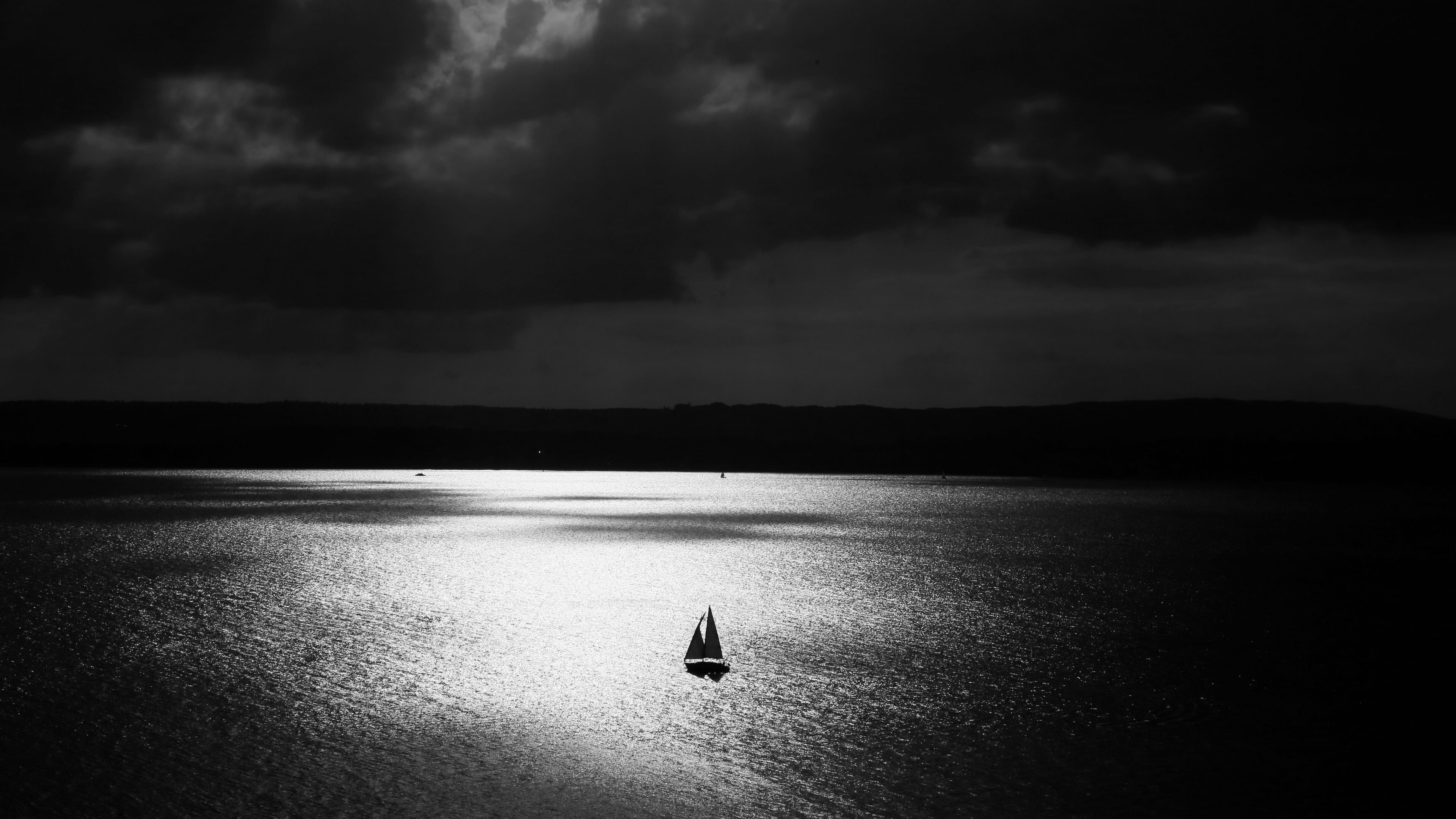 sail, lonely, night, bw, 4k, HD Wallpaper