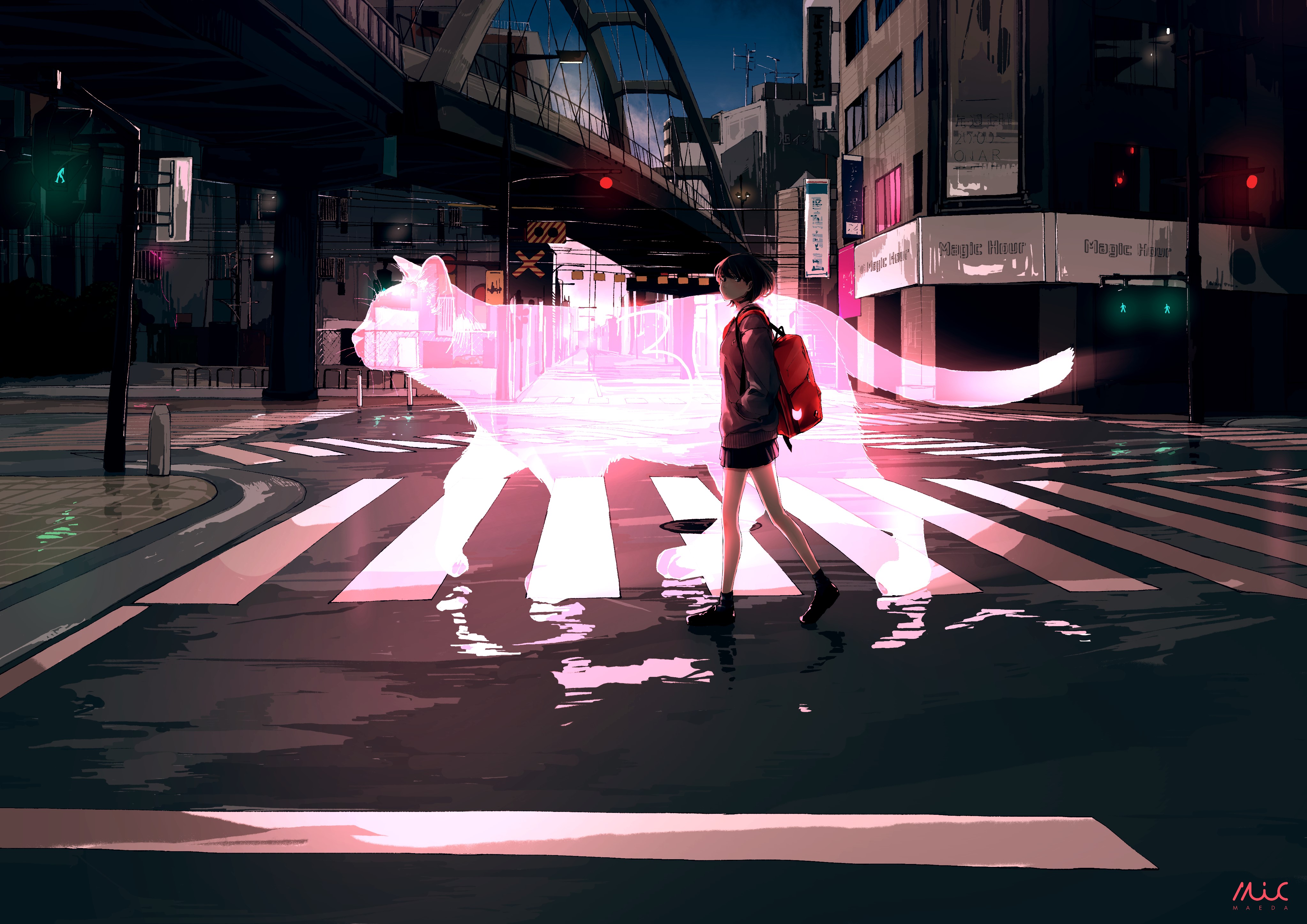 anime, city, silhouette, cats, anime girls, HD Wallpaper