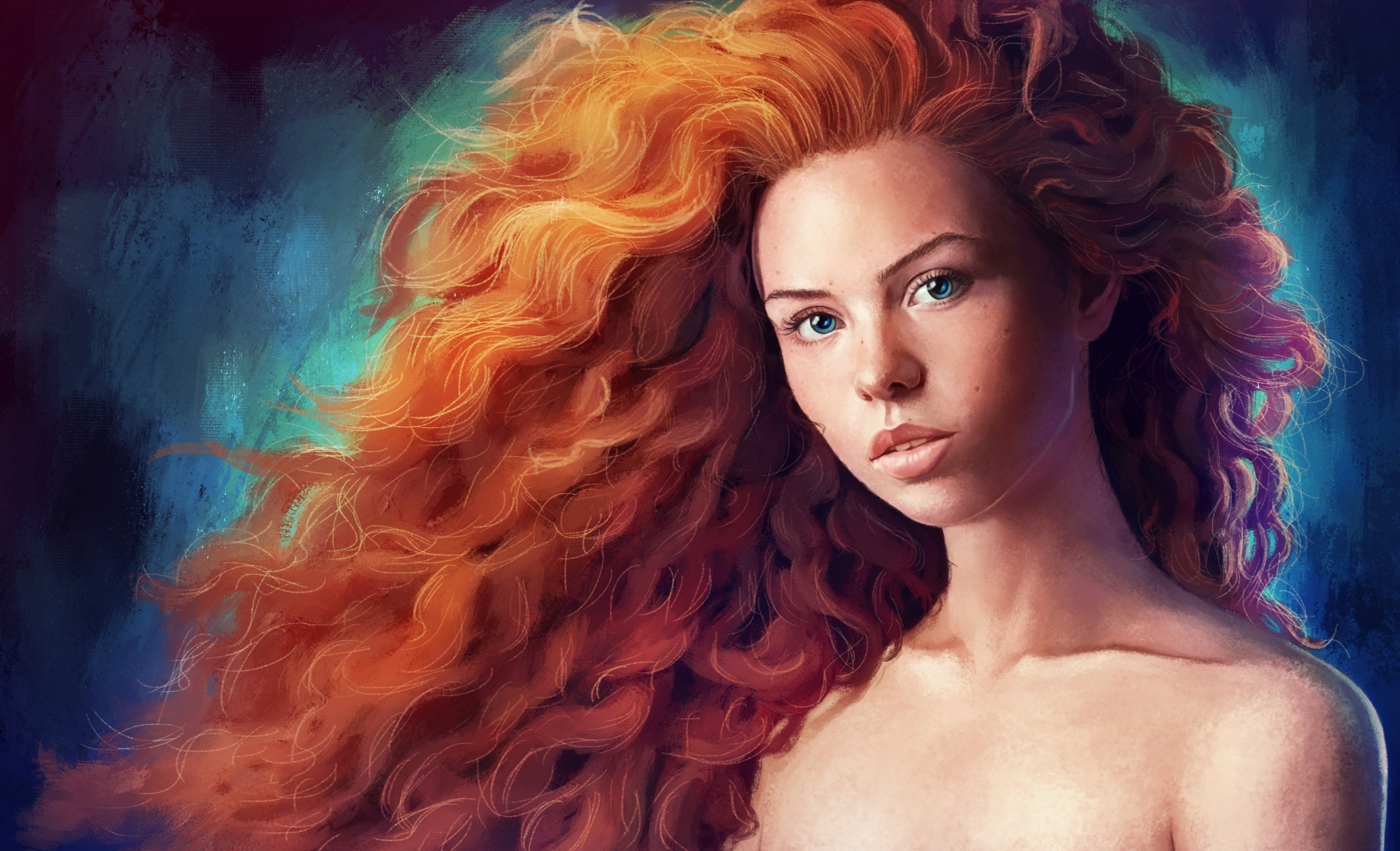 women, redhead, long hair, portrait, bare shoulders, artwork, HD Wallpaper