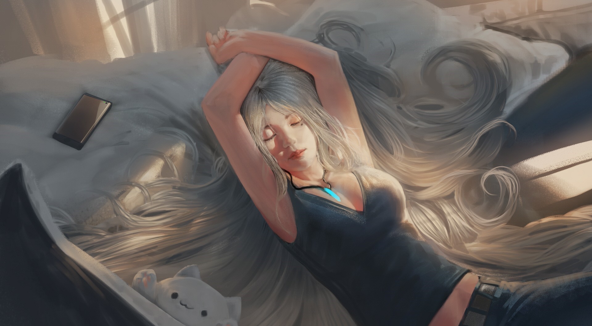women indoors, closed eyes, women, artwork, HD Wallpaper