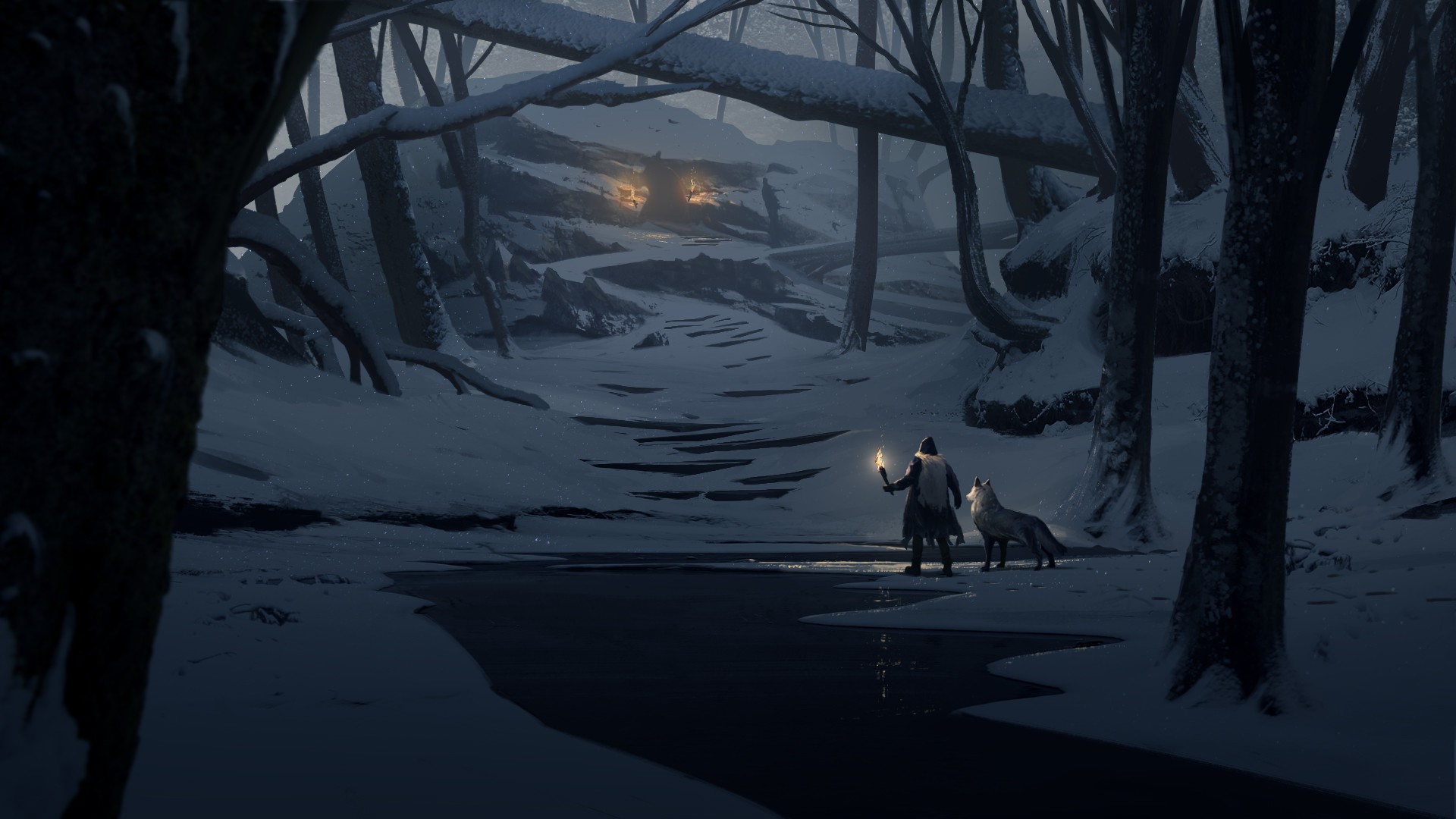 environment, torches, adventurers, wolf, forest, snow, lights, Keven Stapleton, HD Wallpaper