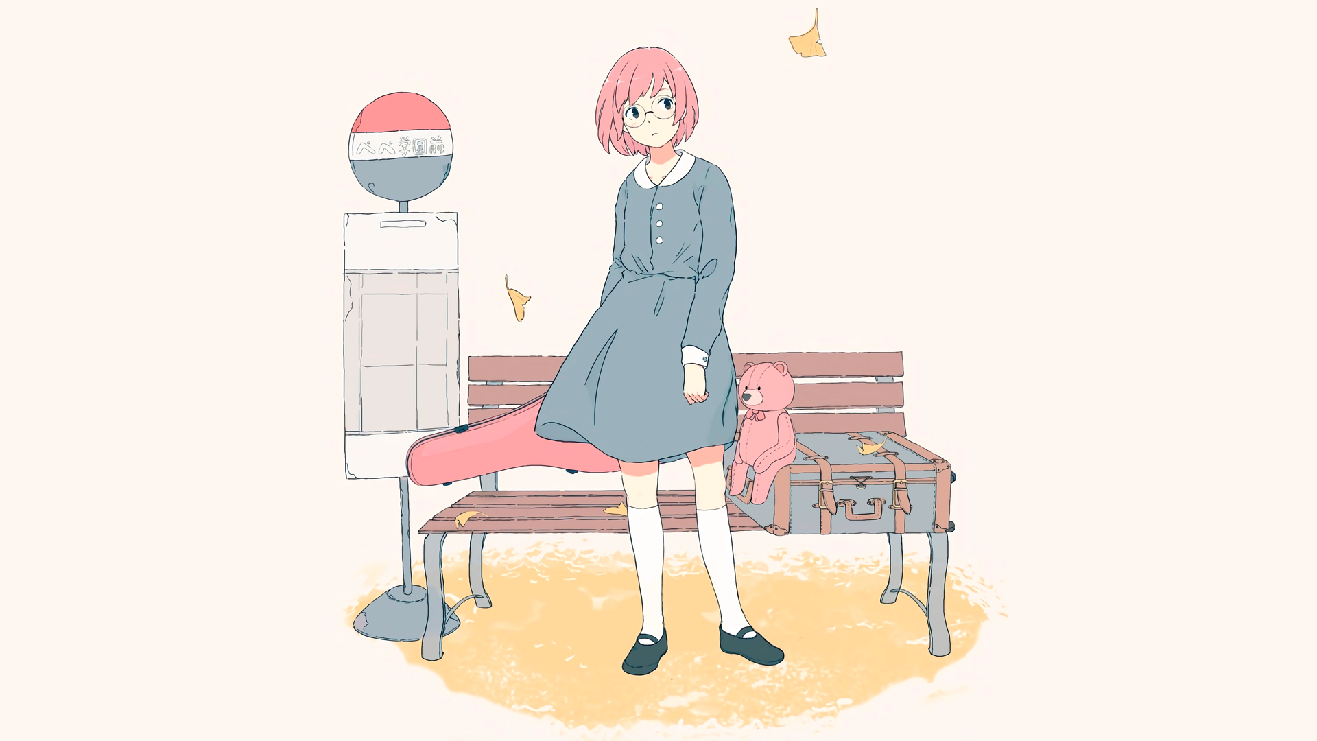 anime, manga, anime girls, simple background, minimalism, short hair, pink hair, meganekko, glasses, schoolgirl, guitar, teddy bears, HD Wallpaper