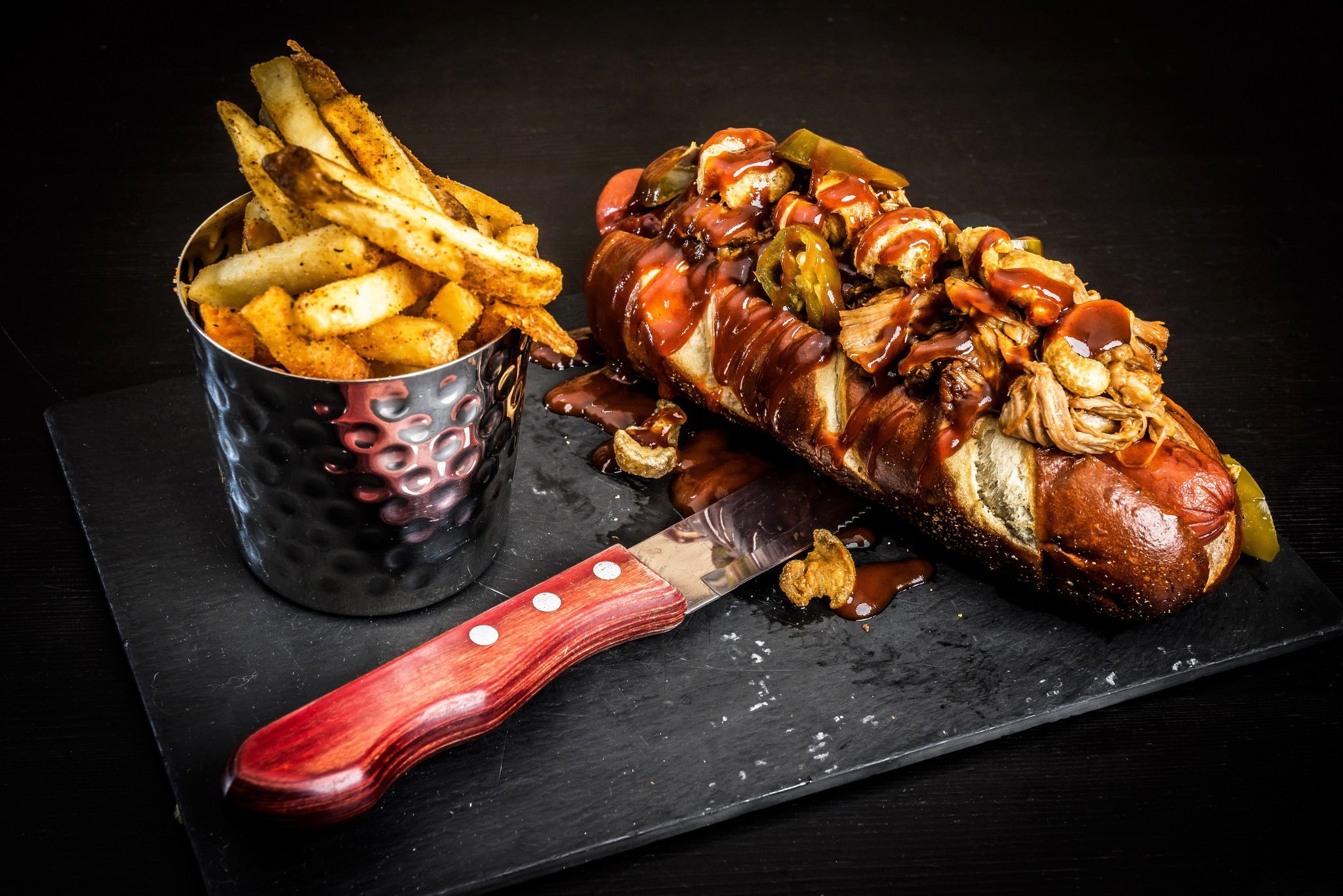 food, Fries, hot dogs, knife, HD Wallpaper