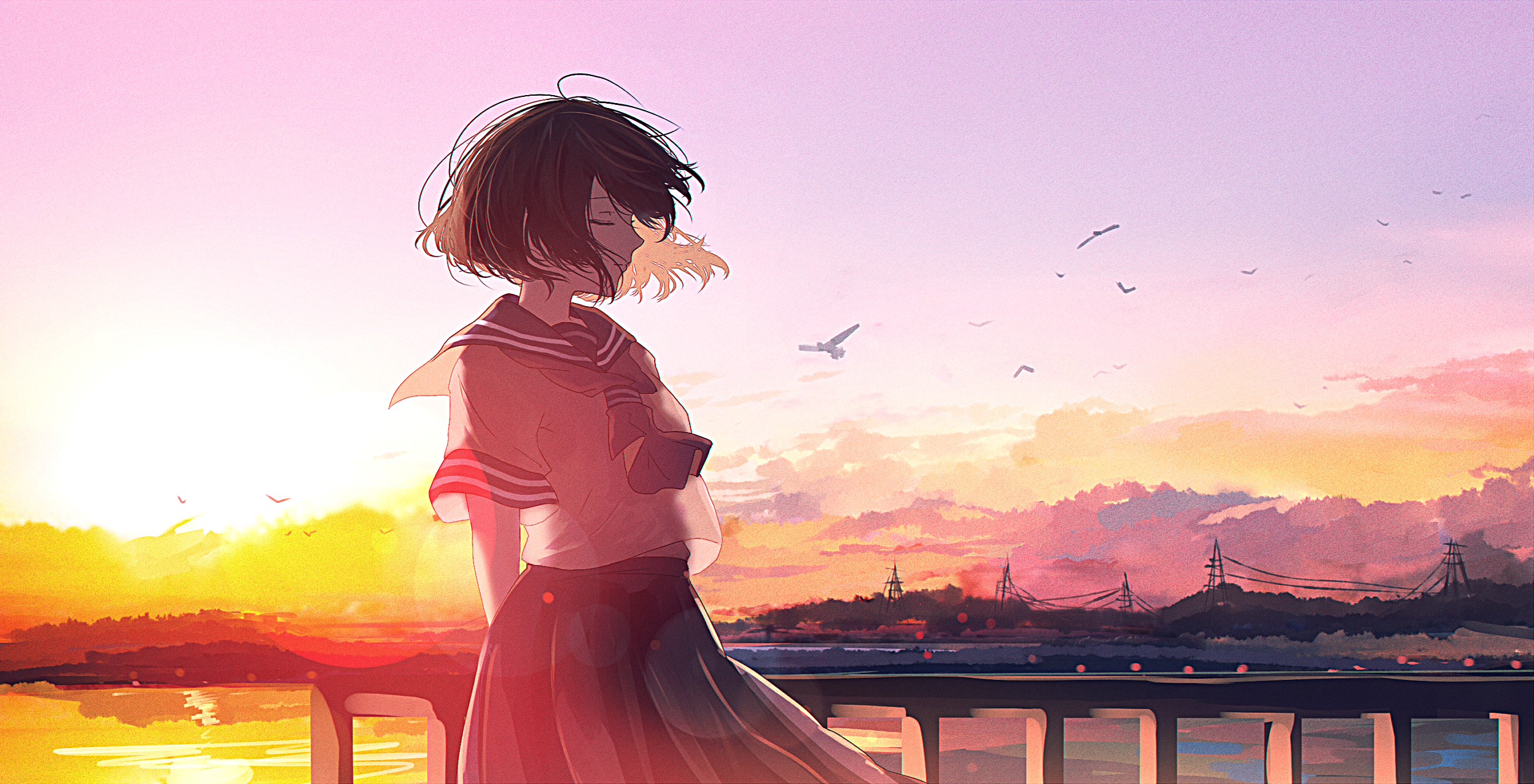 anime, anime girls, closed eyes, dark hair, sky, HD Wallpaper