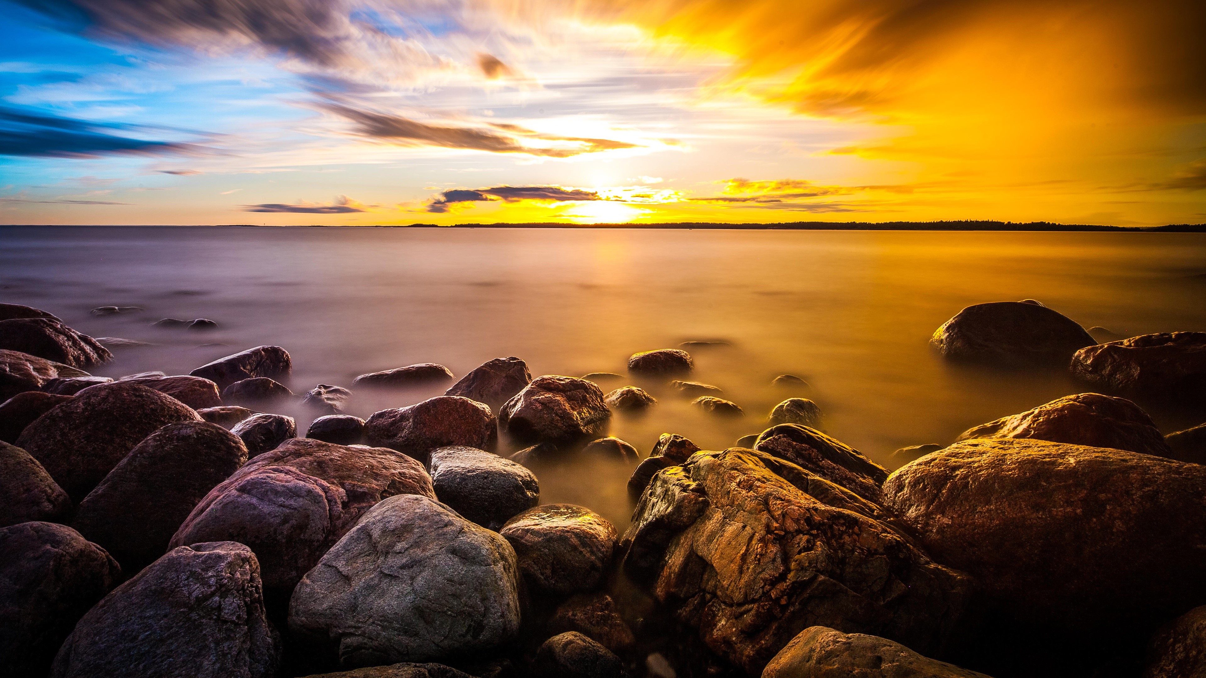 stones, sky, nature, water, sunlight, HD Wallpaper