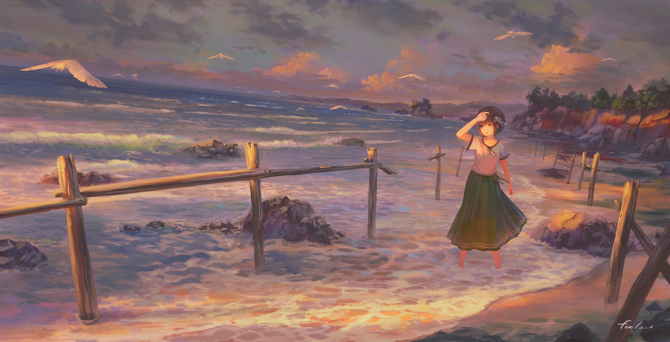 anime, anime girls, sea, coast, birds, nature, outdoors, sky, water, HD Wallpaper
