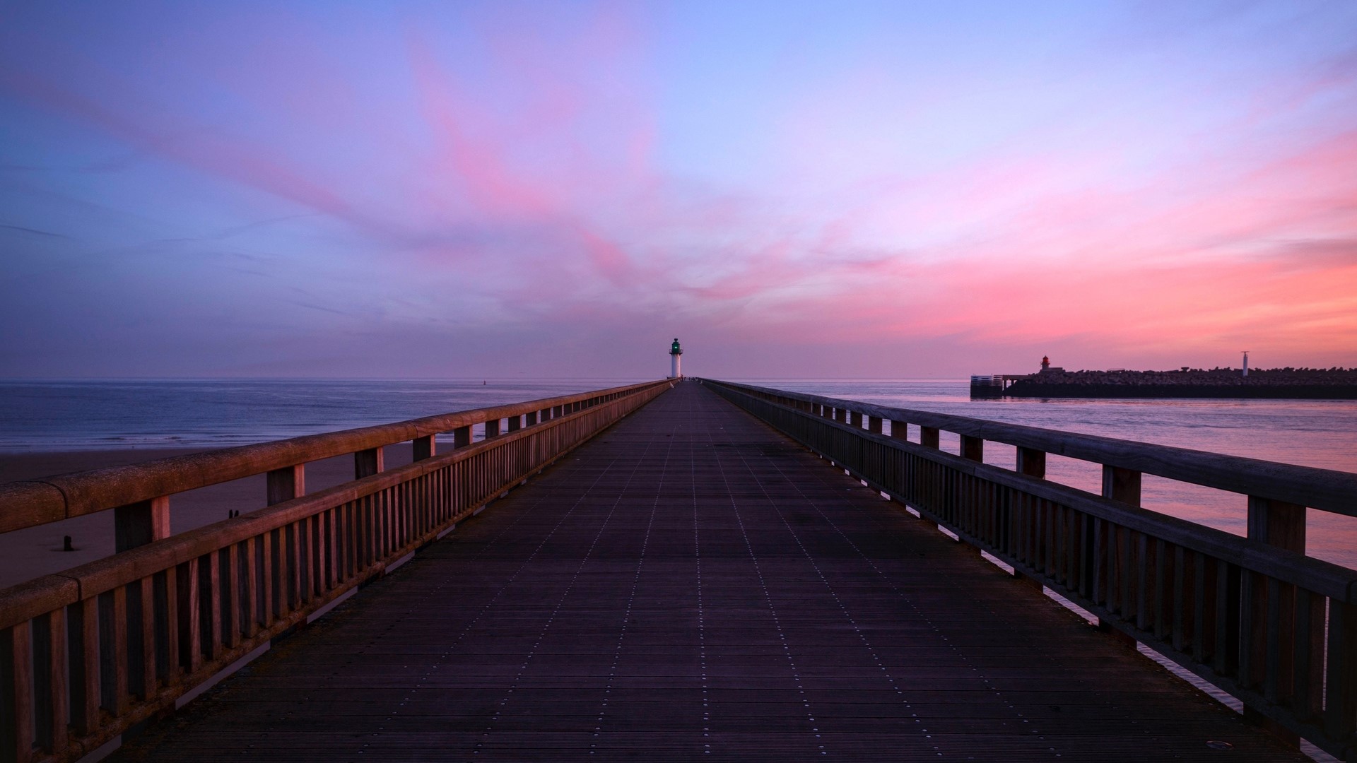 pier, lighthouse, horizon, sea, sky, morning, HD Wallpaper