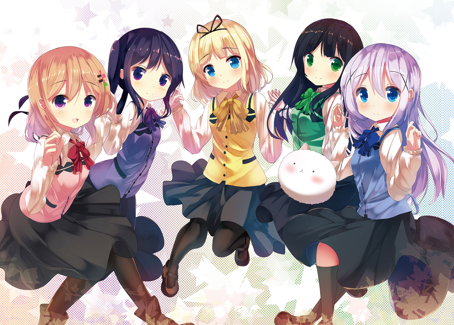 anime, anime girls, Gochuumon wa Usagi Desu ka, Gochuumon wa Usagi Desu ka?, white skin, maid outfit, maid, Kafuu Chino, simple background, white, white background, Hoto Kokoa, Tedeza Rize, Kirima Sharo, Ujimatsu Chiya, fan art, Tippy ( gochuumon wa usagi desu ka ? ), black stockings, HD Wallpaper