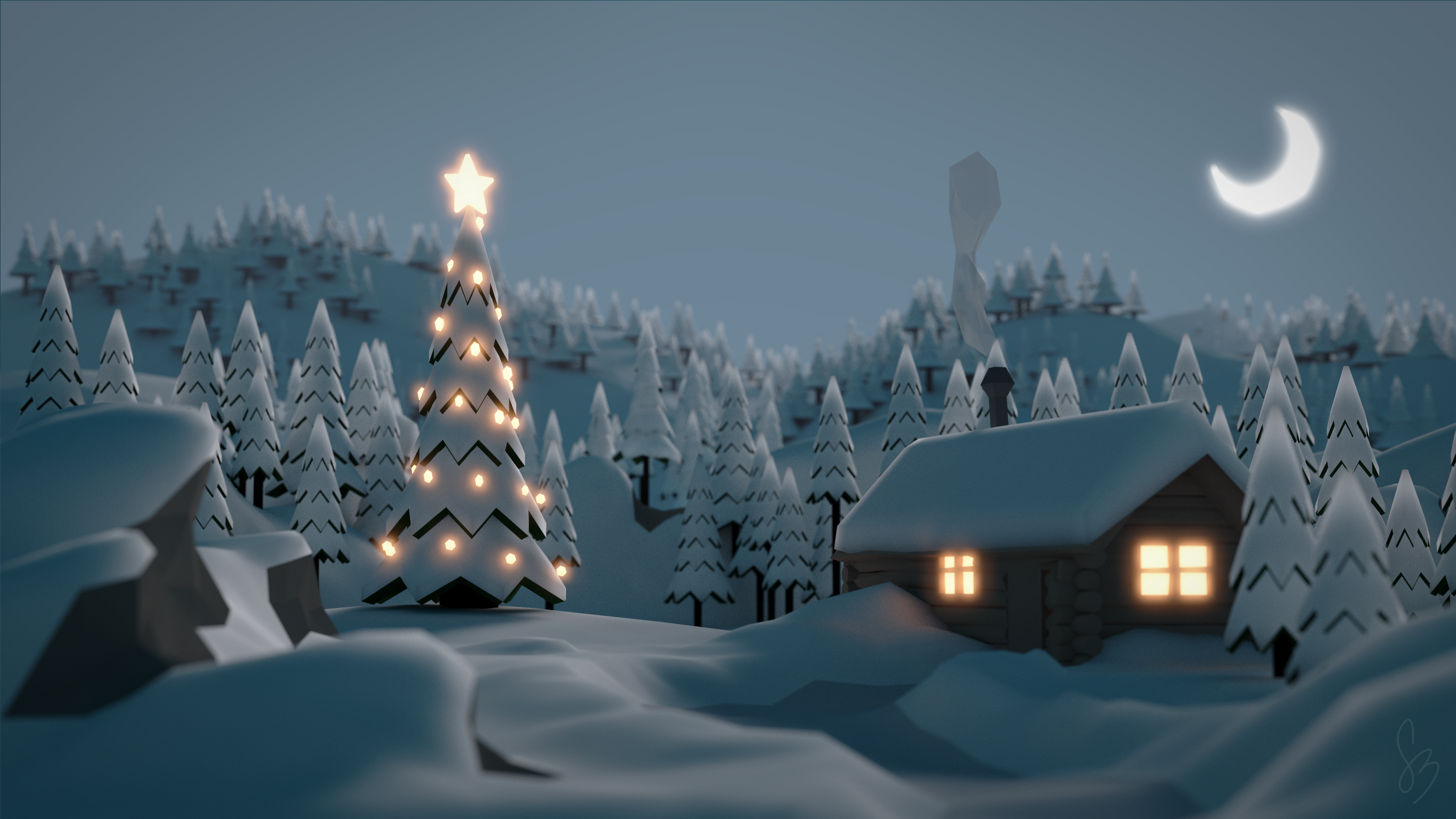 winter, snow, digital art, hut, Moon, Christmas, trees, HD Wallpaper