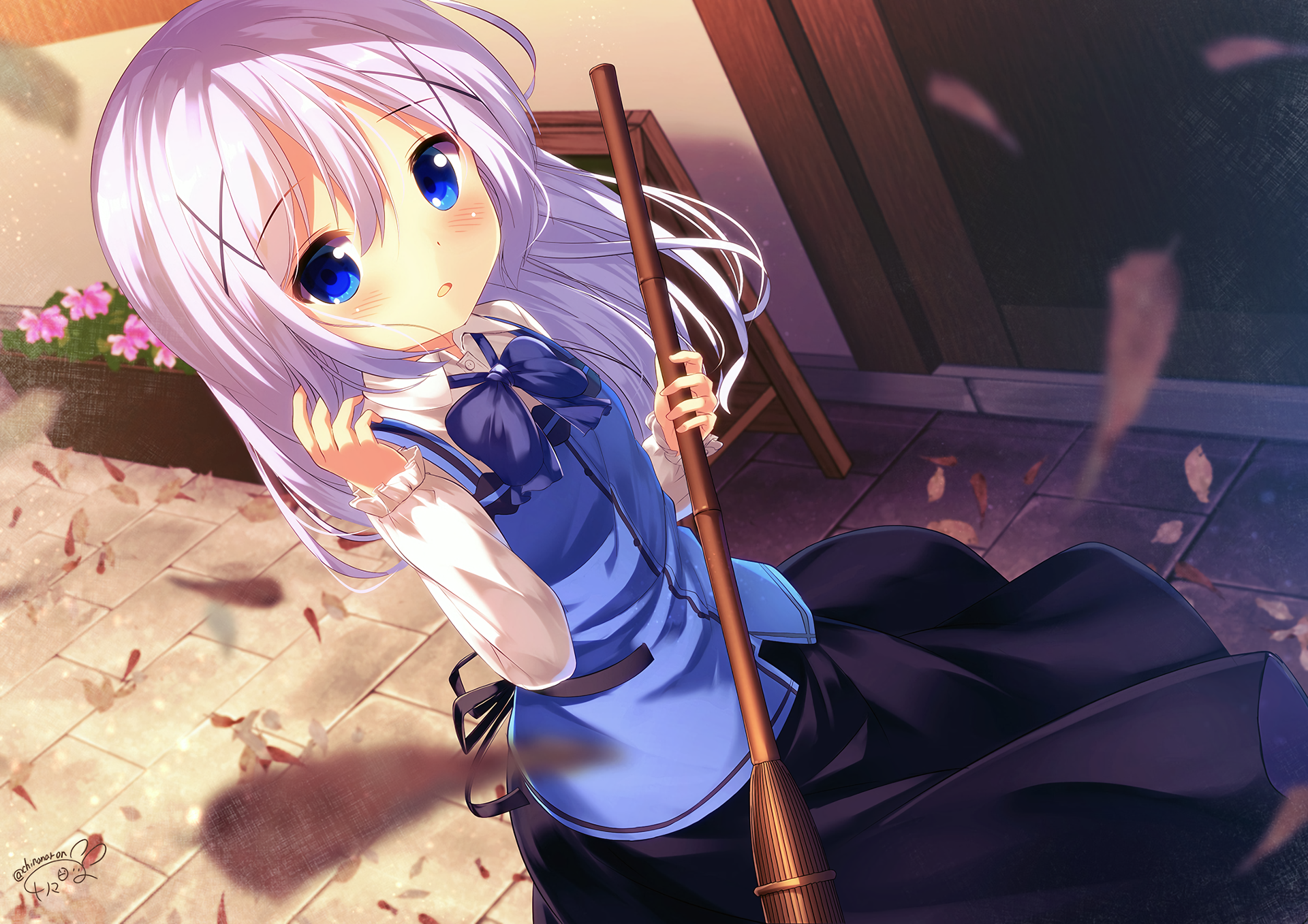 anime, anime girls, Gochuumon wa Usagi Desu ka, Gochuumon wa Usagi Desu ka?, white skin, maid outfit, maid, Kafuu Chino, fan art, white hair, flowers, spring, HD Wallpaper