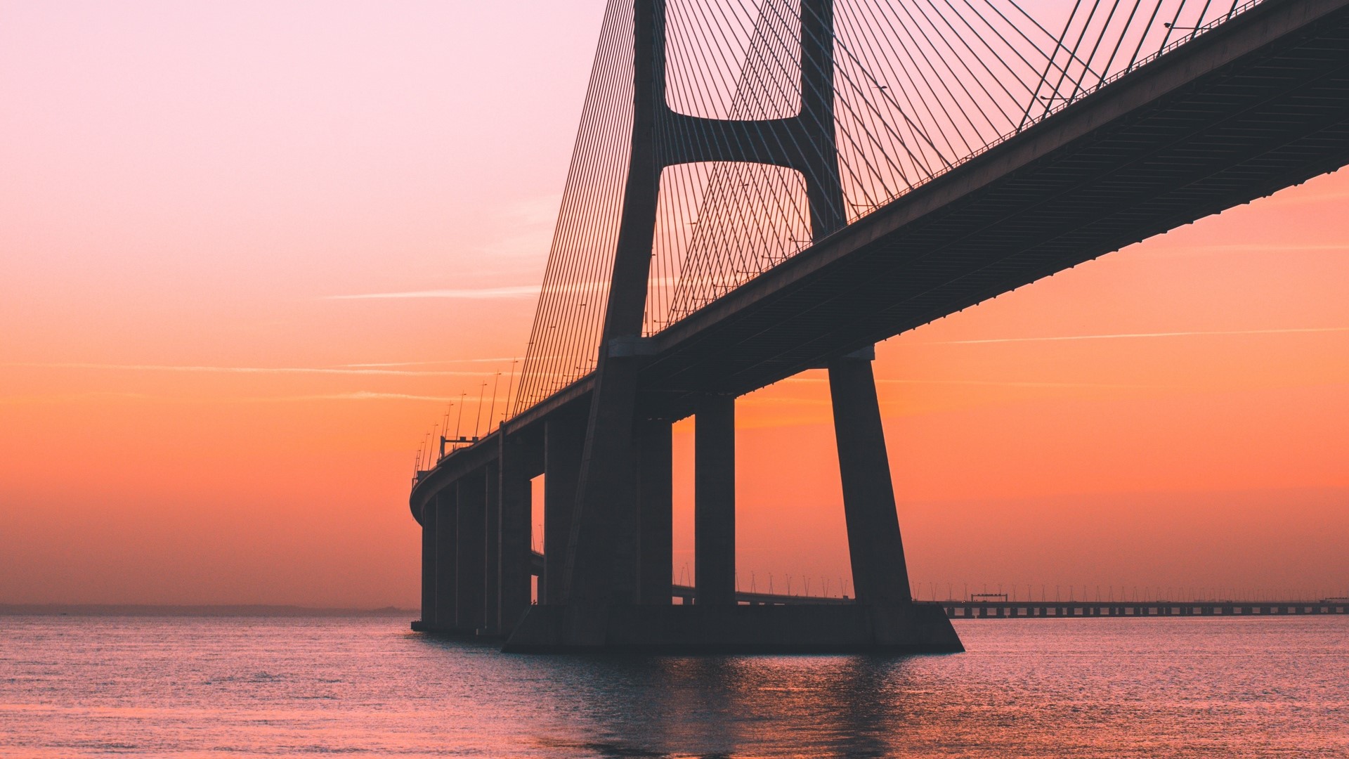 bridge, sea, Lisbon, Portugal, orange, orange sky, HD Wallpaper