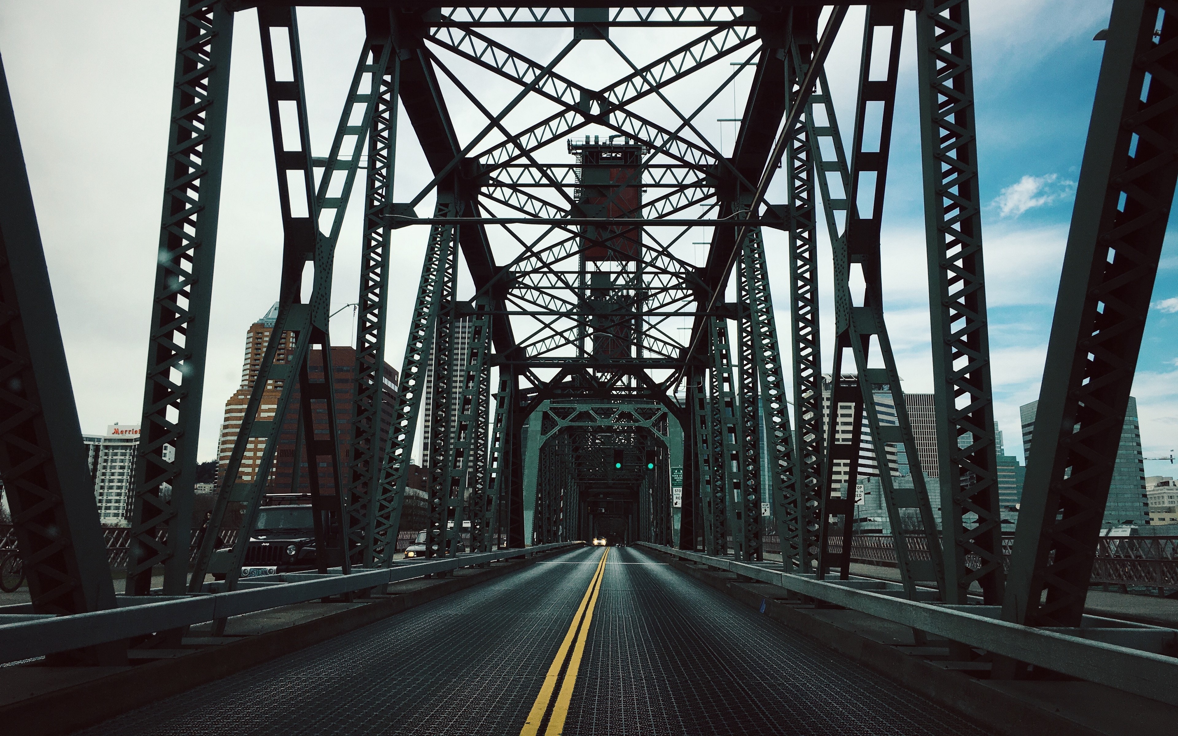 bridge, road, building, car, clouds, HD Wallpaper