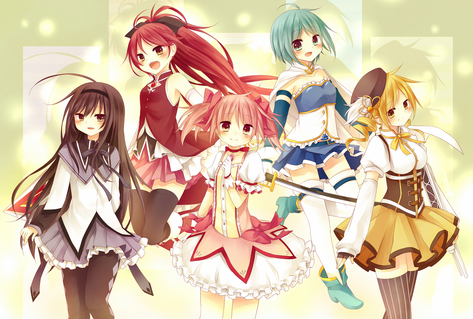 anime, anime girls, Mahou Shoujo Madoka Magica, simple background, white skin, Kaname Madoka, Sakura Kyouko, Tomoe Mami, Miki Sayaka, Akemi Homura, fan art, redhead, brunette, dress, HD Wallpaper