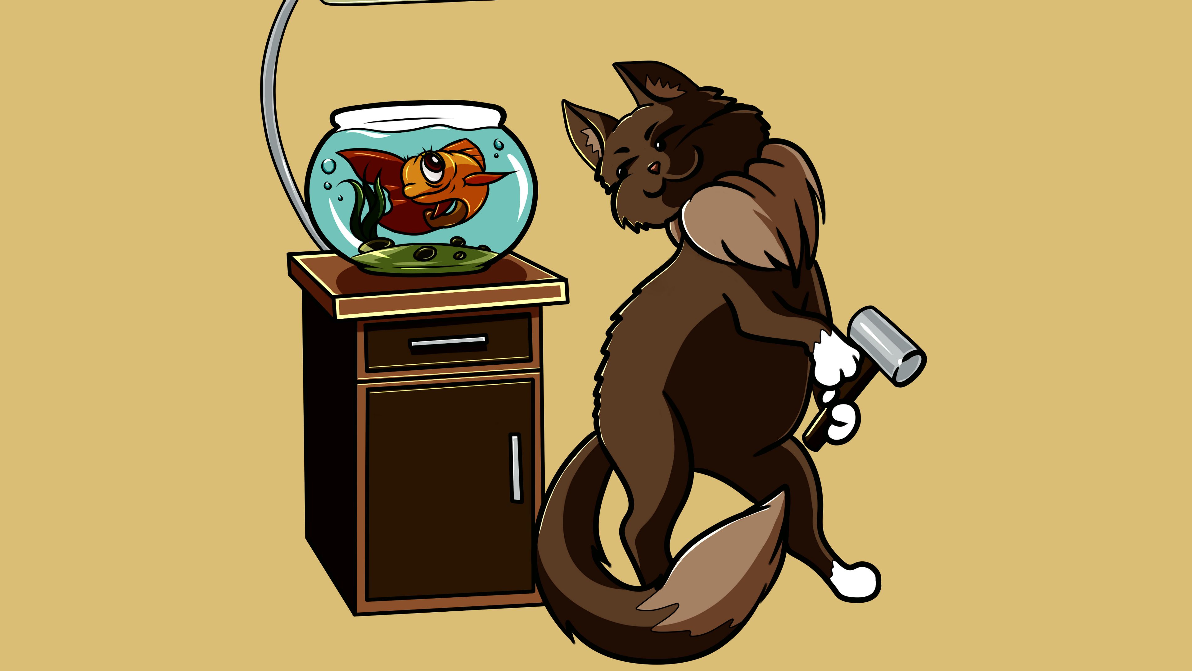 cat, fish, aquarium, funny, art, friends, 4k, HD Wallpaper