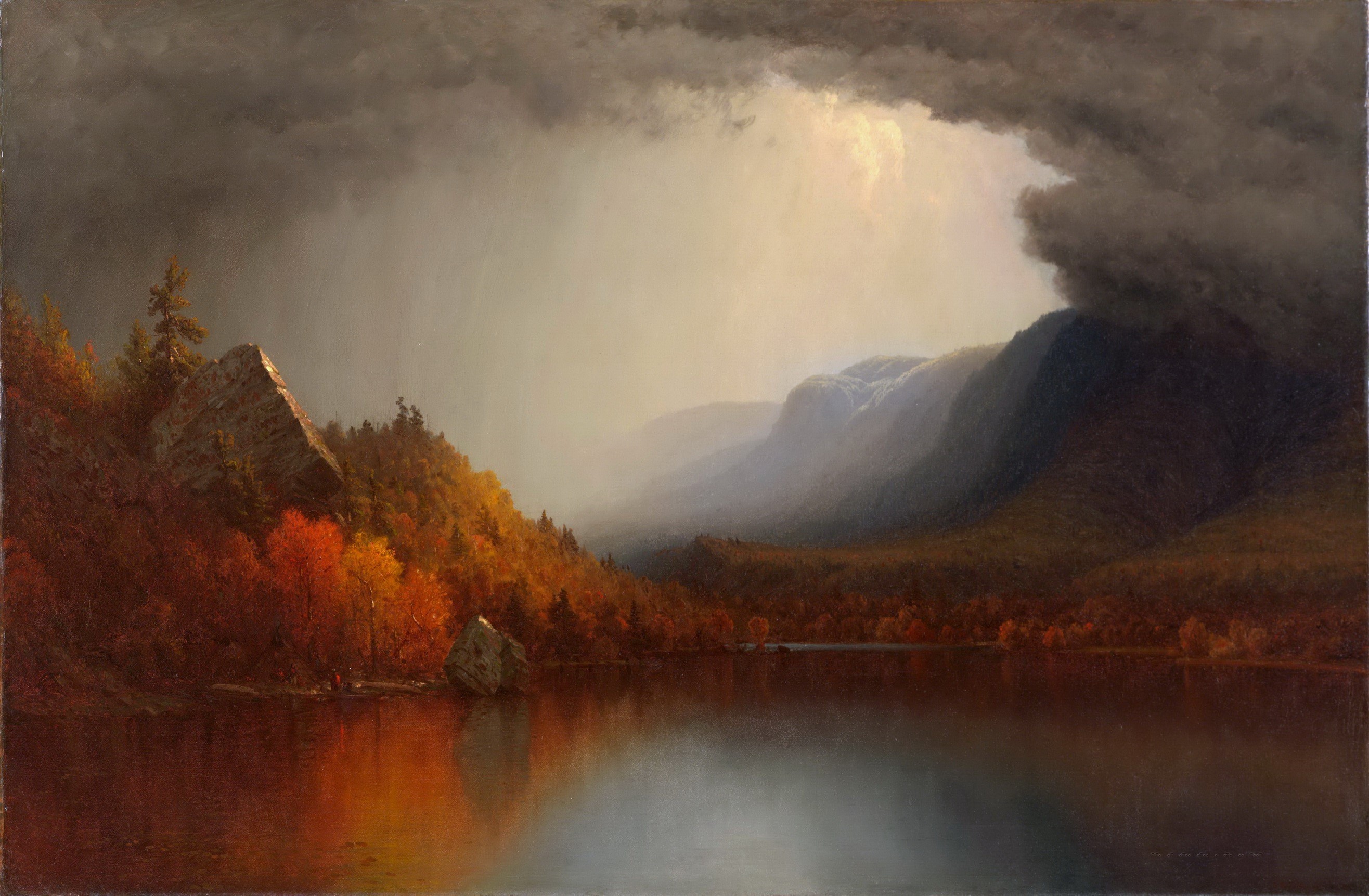 artwork, lake, trees, mountain top, fall, nature, landscape, painting, HD Wallpaper