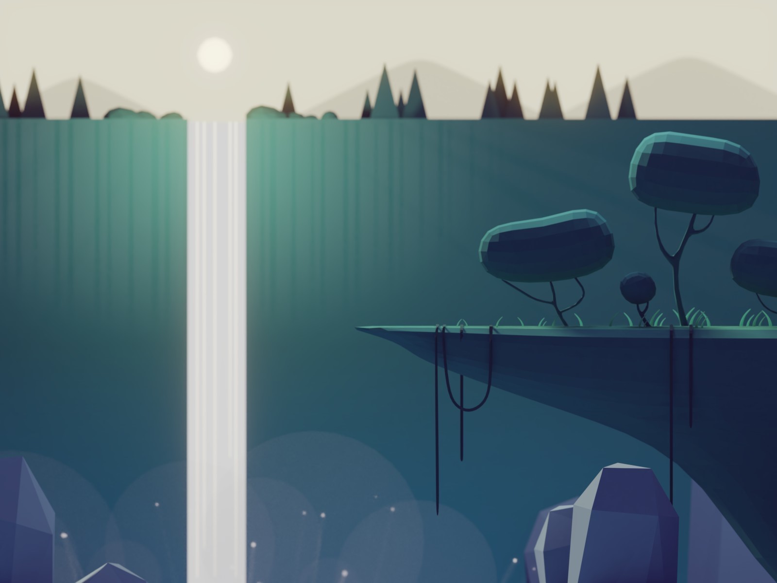 Mohamed Chahin, render, geometry, nature, forest, waterfall, water, trees, rocks, digital art, HD Wallpaper