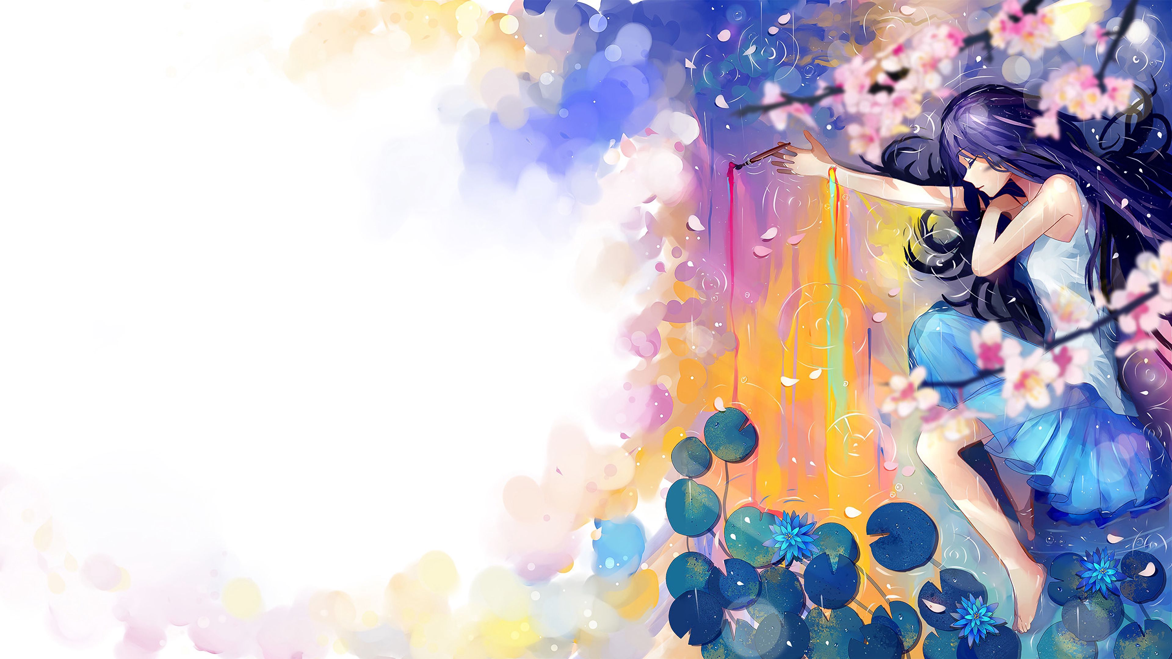 girl, art, brush, sleep, lotuses, 4k, HD Wallpaper