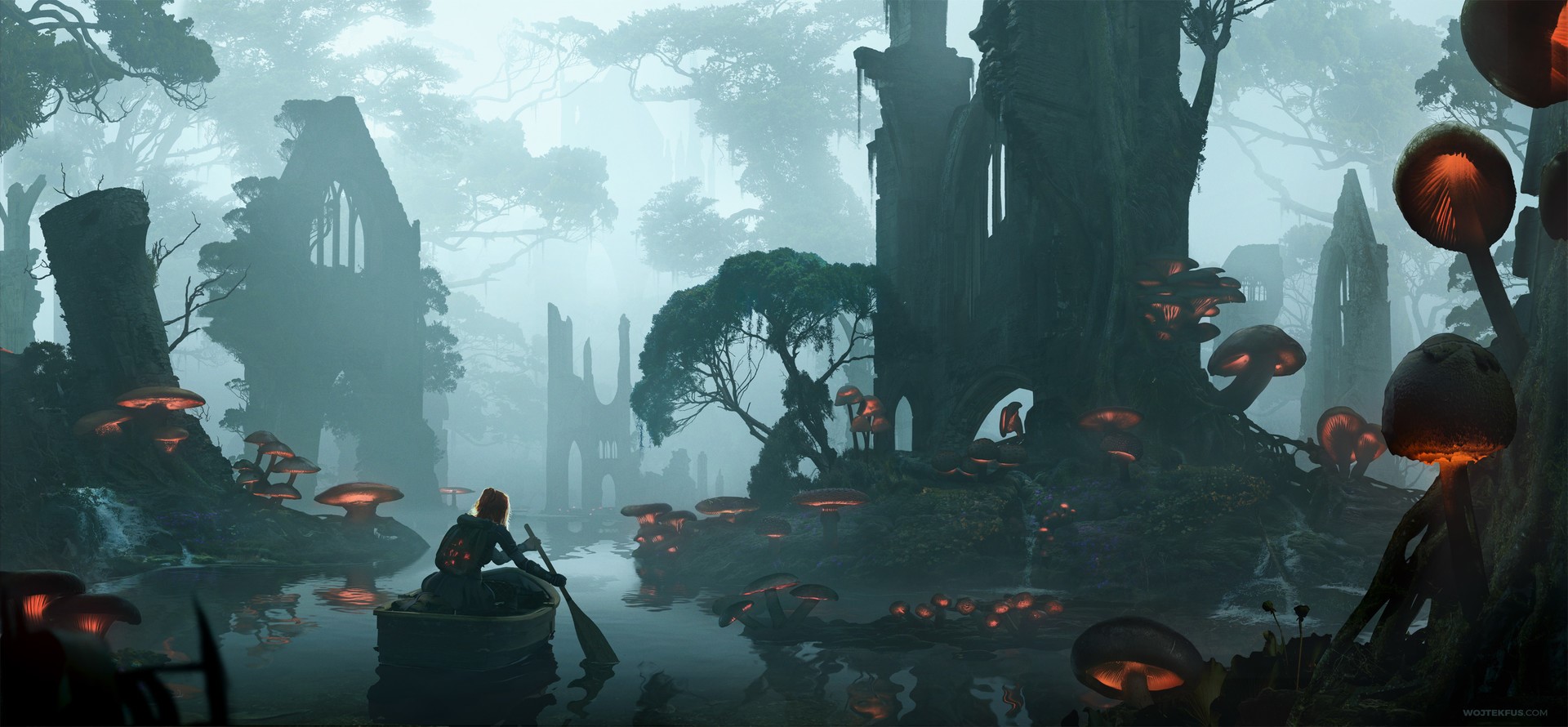 digital art, artwork, mushroom, forest, boat, river, fantasy art, landscape, Wojtek Fus, HD Wallpaper
