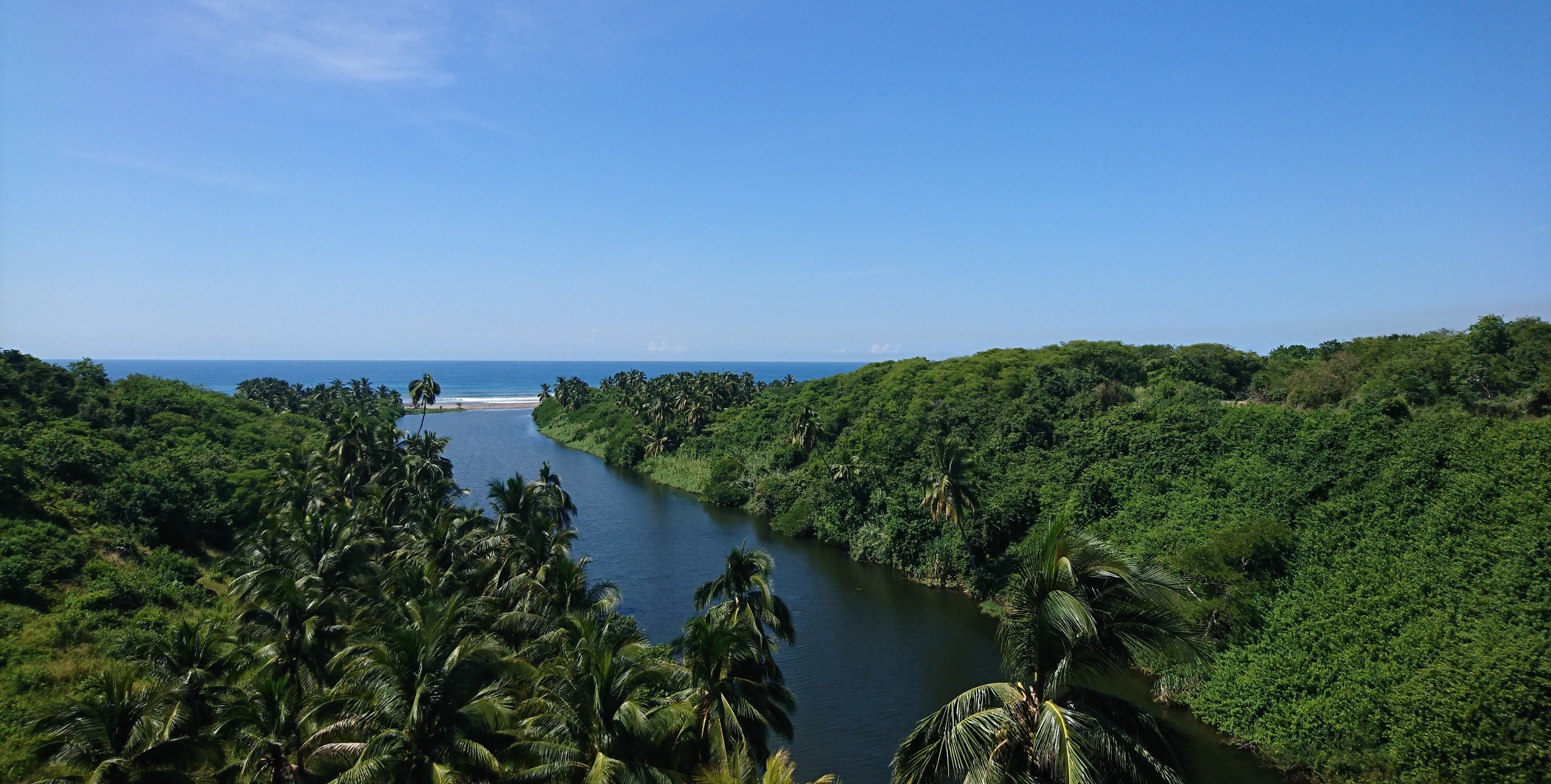 sky, beach, river, palm trees, nature, mountains, lake, work, clouds, plants, sand, River mouth, Mexico, HD Wallpaper