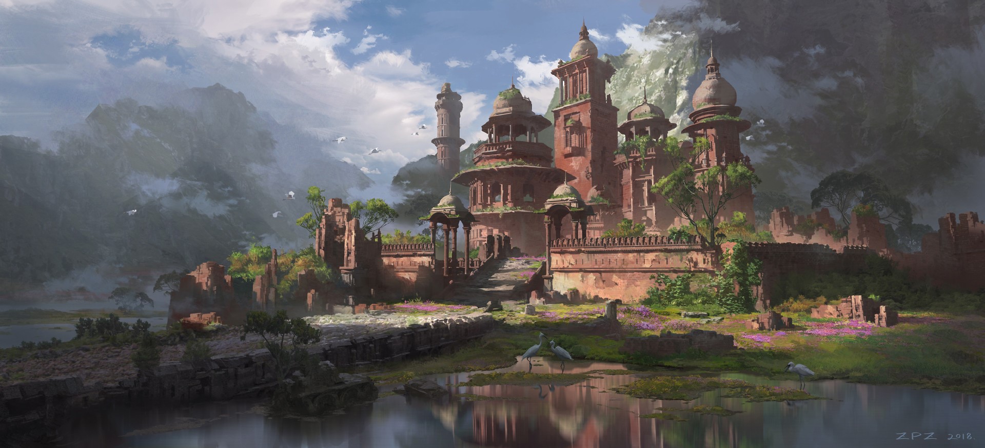 digital art, artwork, landscape, temple, birds, river, bridge, mountains, clouds, HD Wallpaper