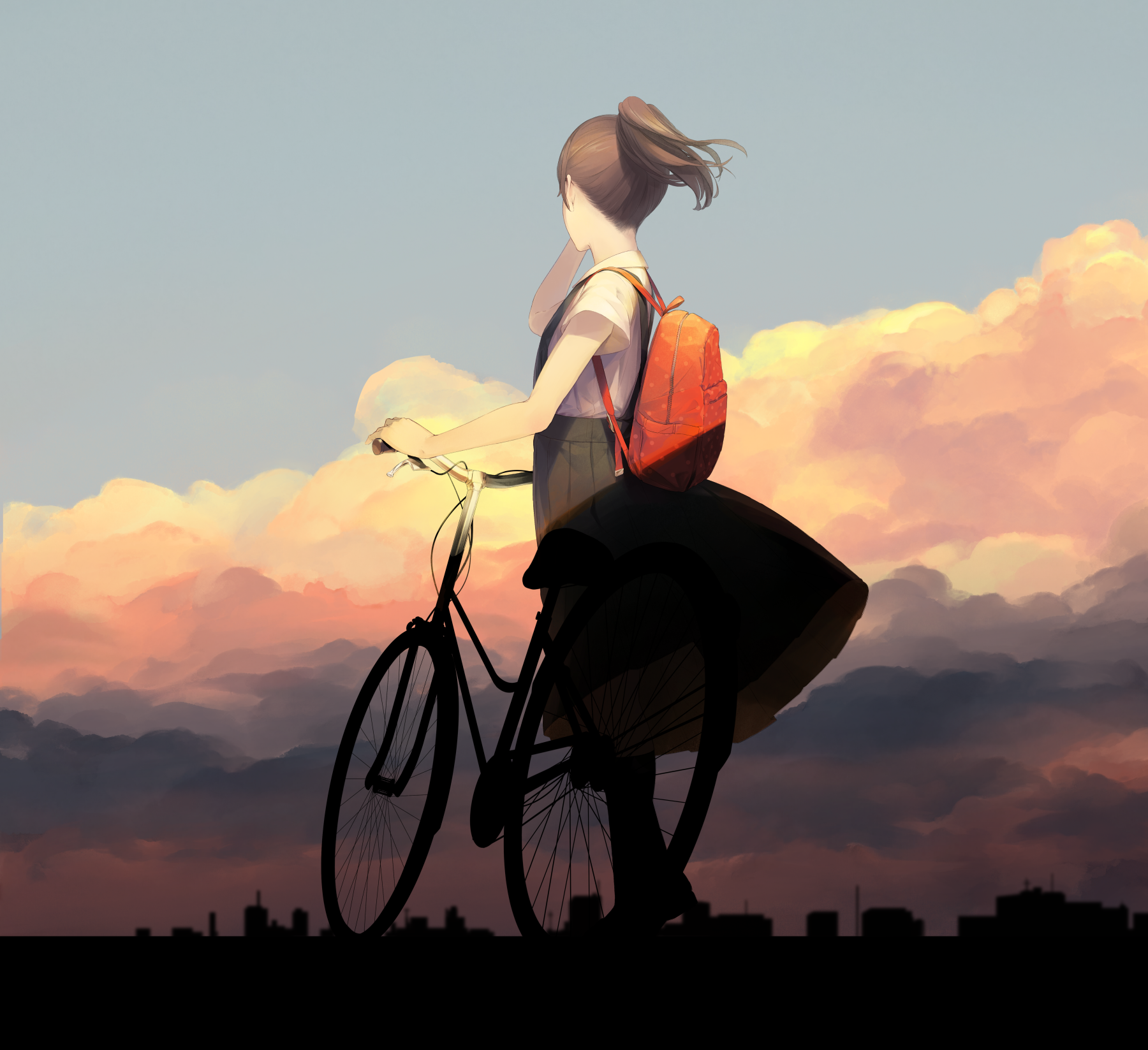 anime, anime girls, bicycle, vehicle, sky, clouds, HD Wallpaper