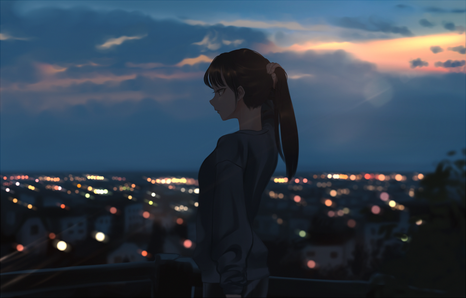 anime, anime girls, dark, cityscape, sky, HD Wallpaper