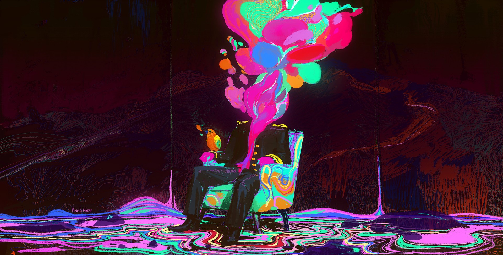 colorful, abstract, birds, chair, fire, HD Wallpaper