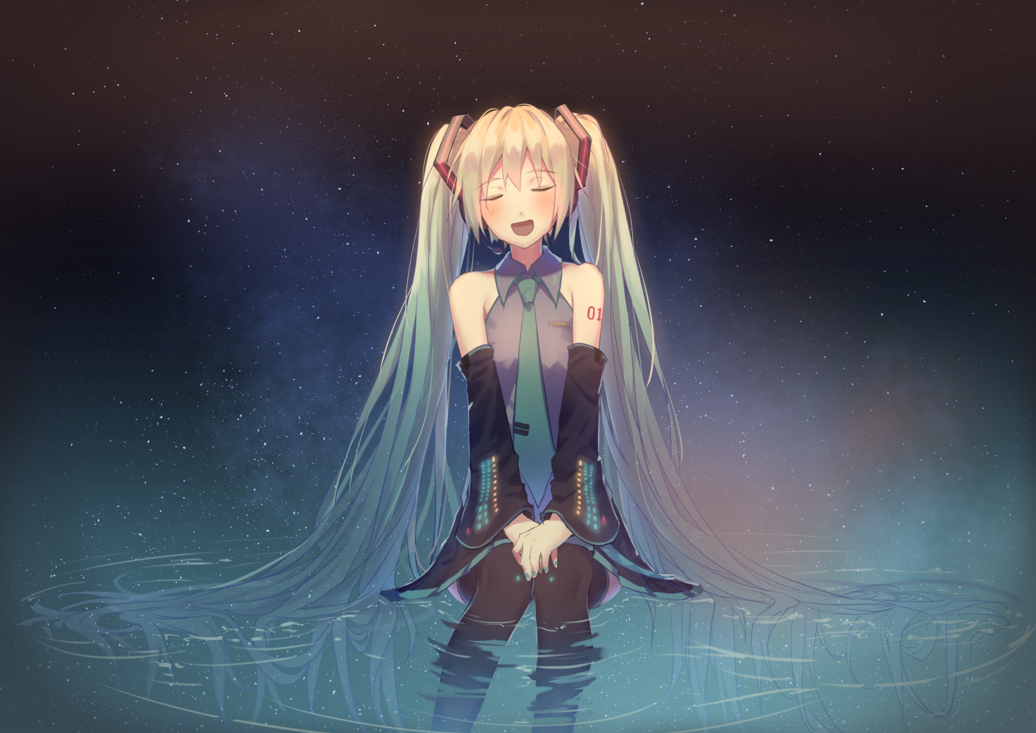 anime, anime girls, water, tie, closed eyes, long hair, Hatsune Miku, Vocaloid, blue hair, HD Wallpaper