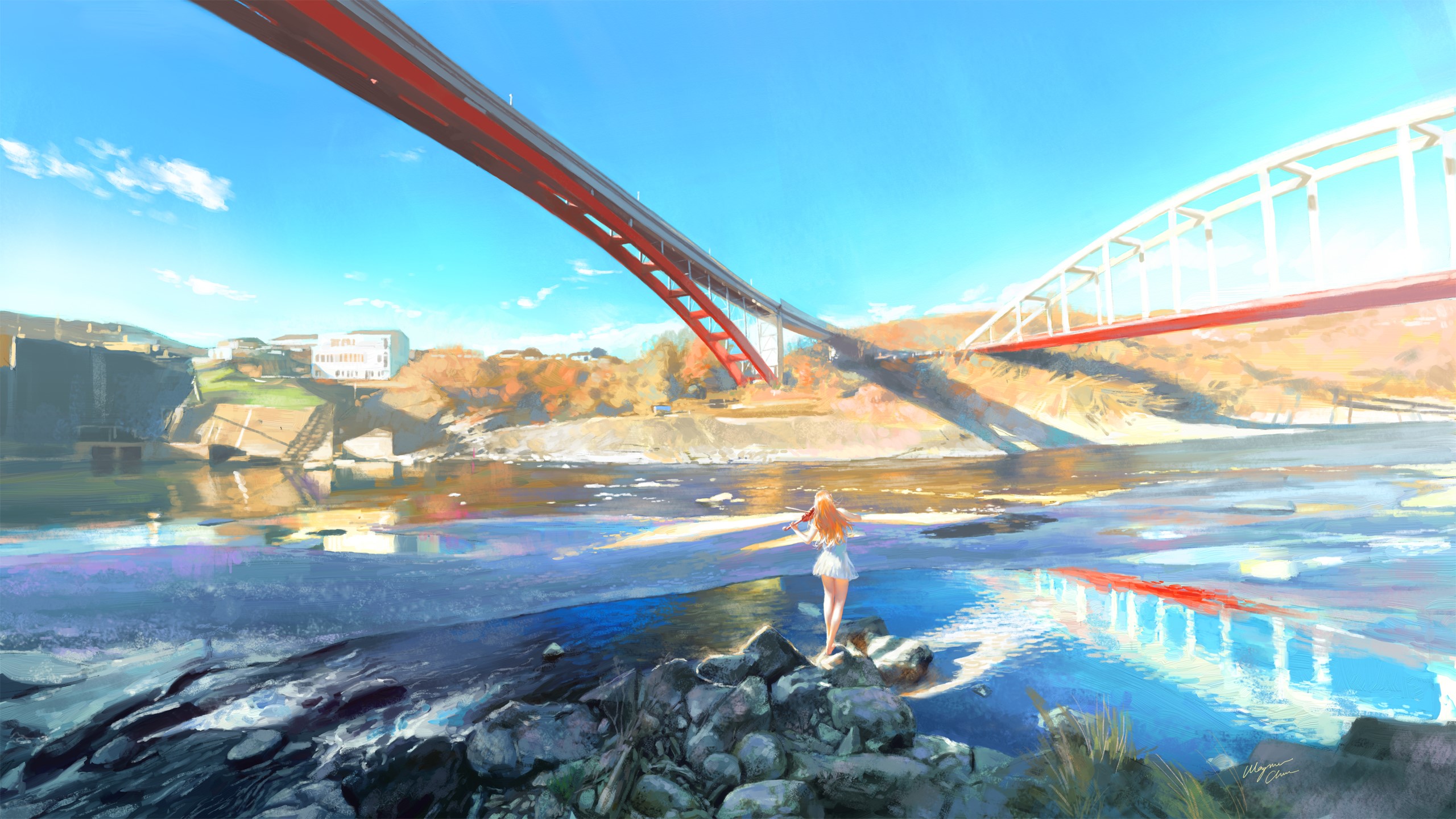 anime, anime girls, bridge, water, HD Wallpaper
