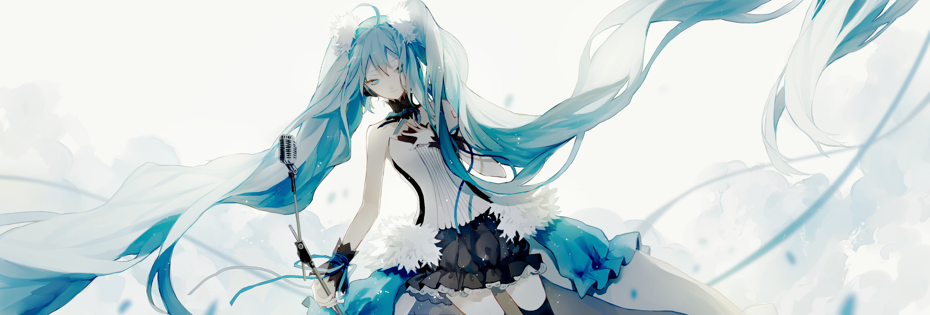 anime, anime girls, white background, blue hair, long hair, microphone, cyan hair, HD Wallpaper