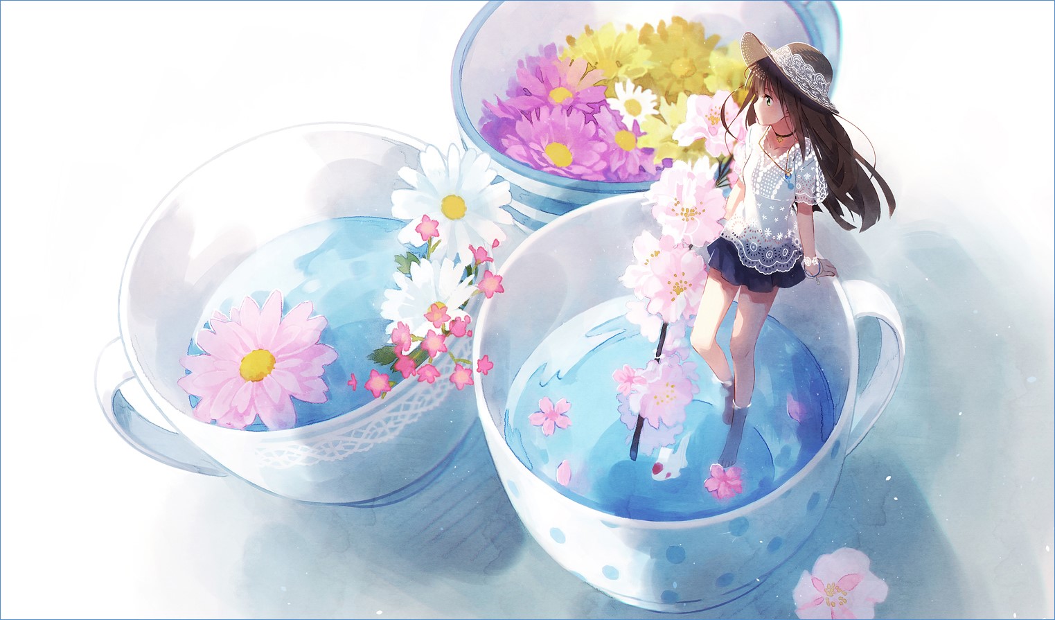 anime, anime girls, flowers, cup, brunette, miniskirt, HD Wallpaper