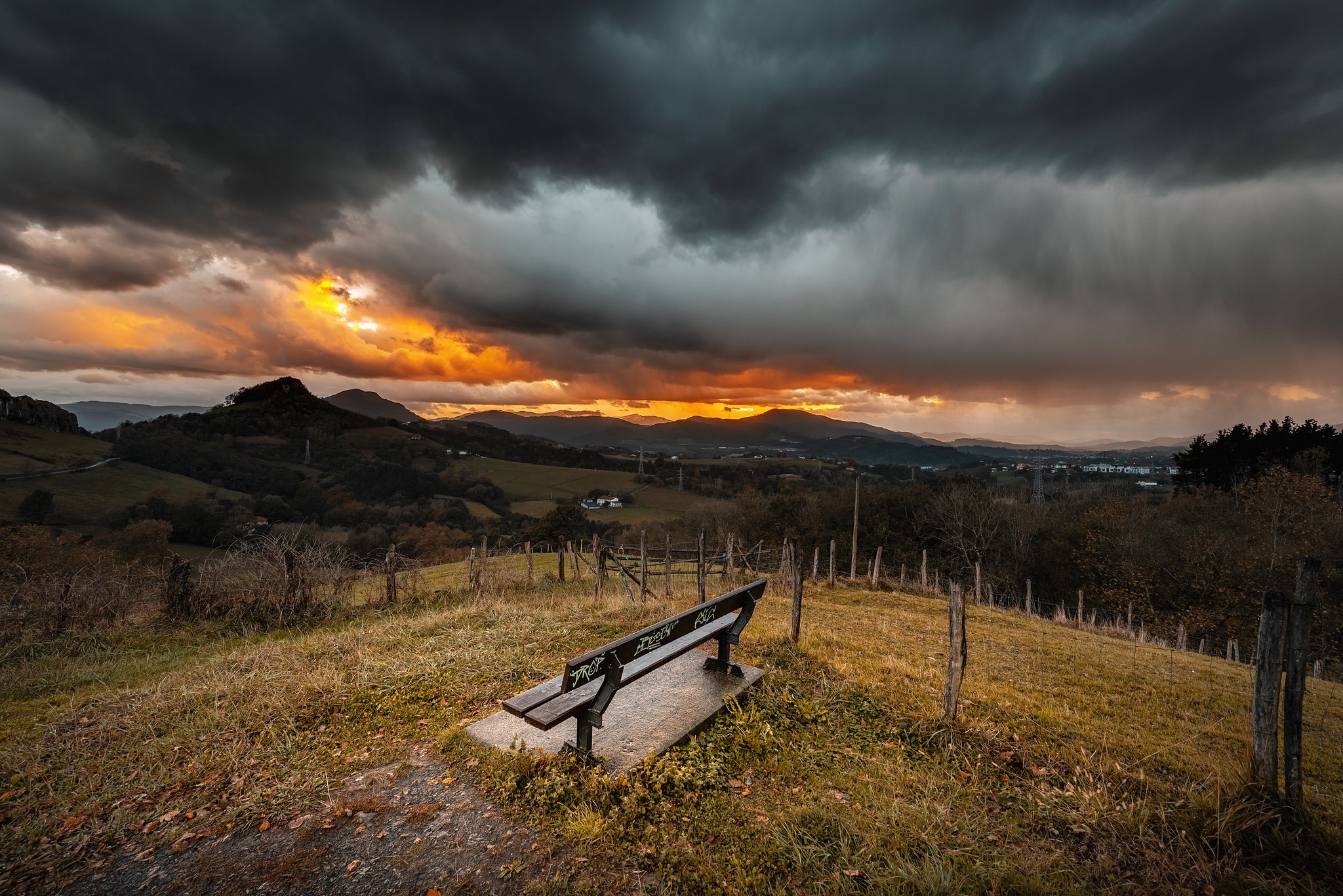 bench, sky, landscape, dark, HD Wallpaper