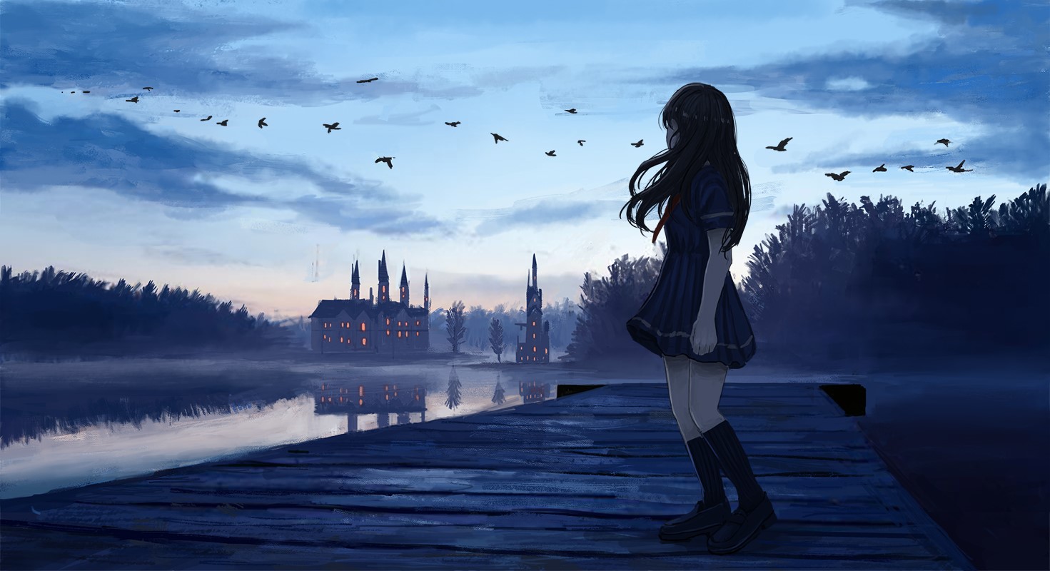 anime, anime girls, dark, castle, sky, HD Wallpaper