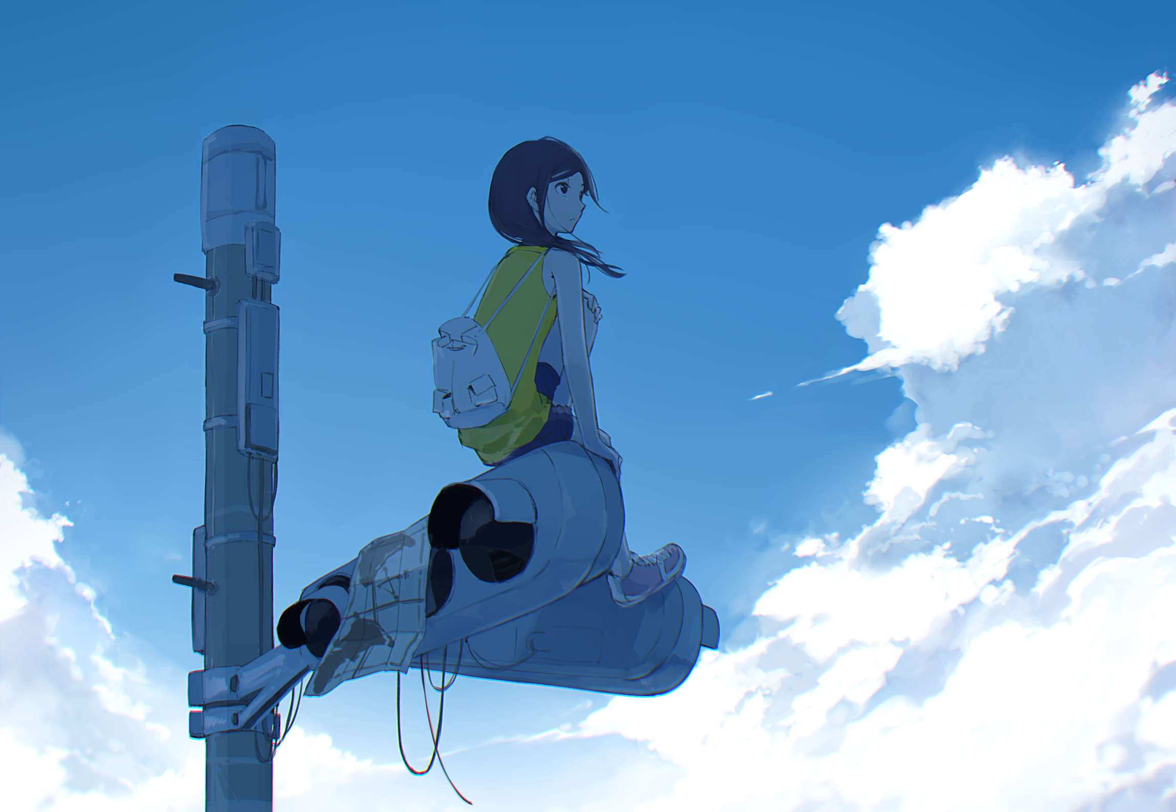 anime, anime girls, sky, clouds, sitting, HD Wallpaper