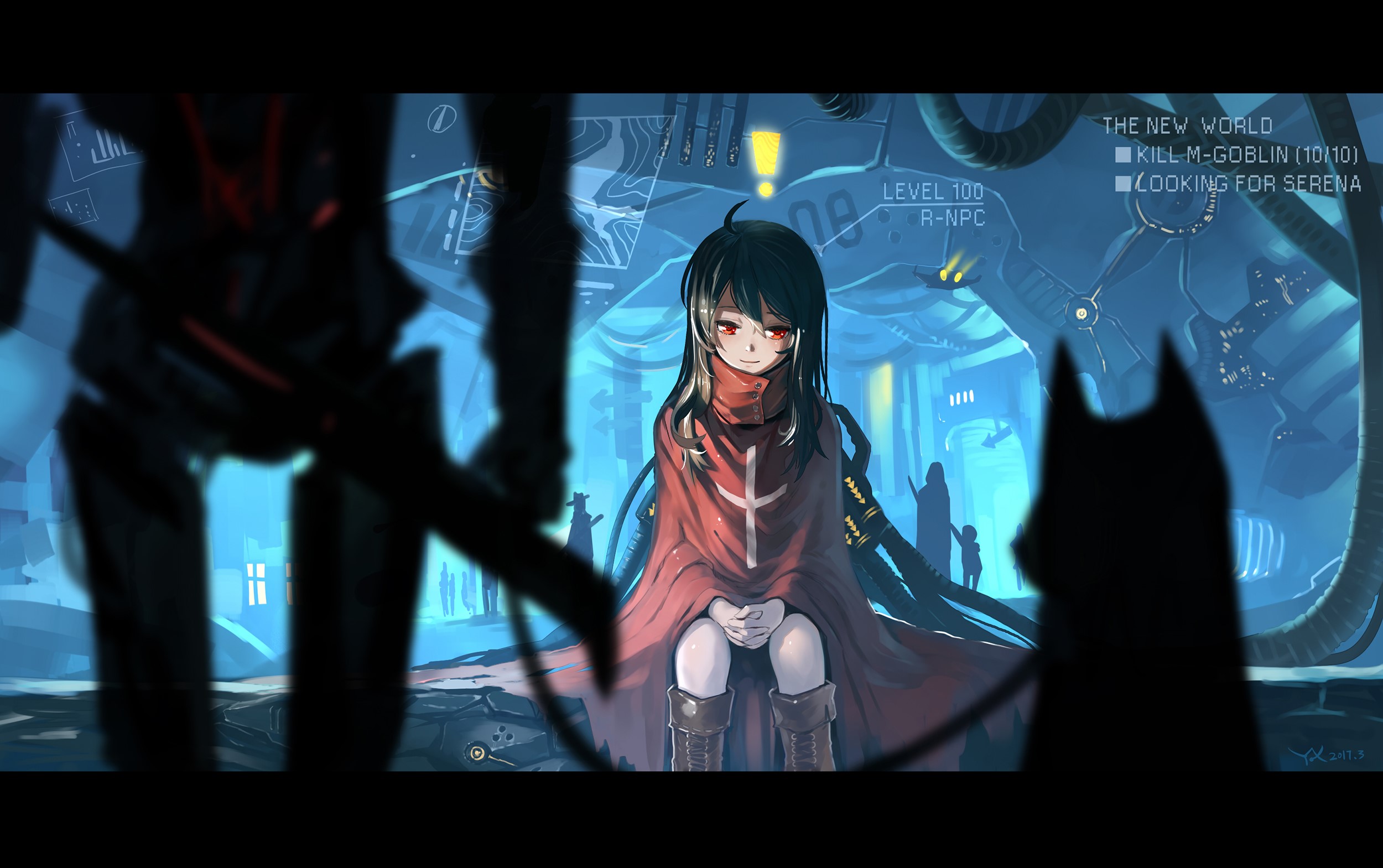 anime, anime girls, red eyes, sitting, dark hair, HD Wallpaper
