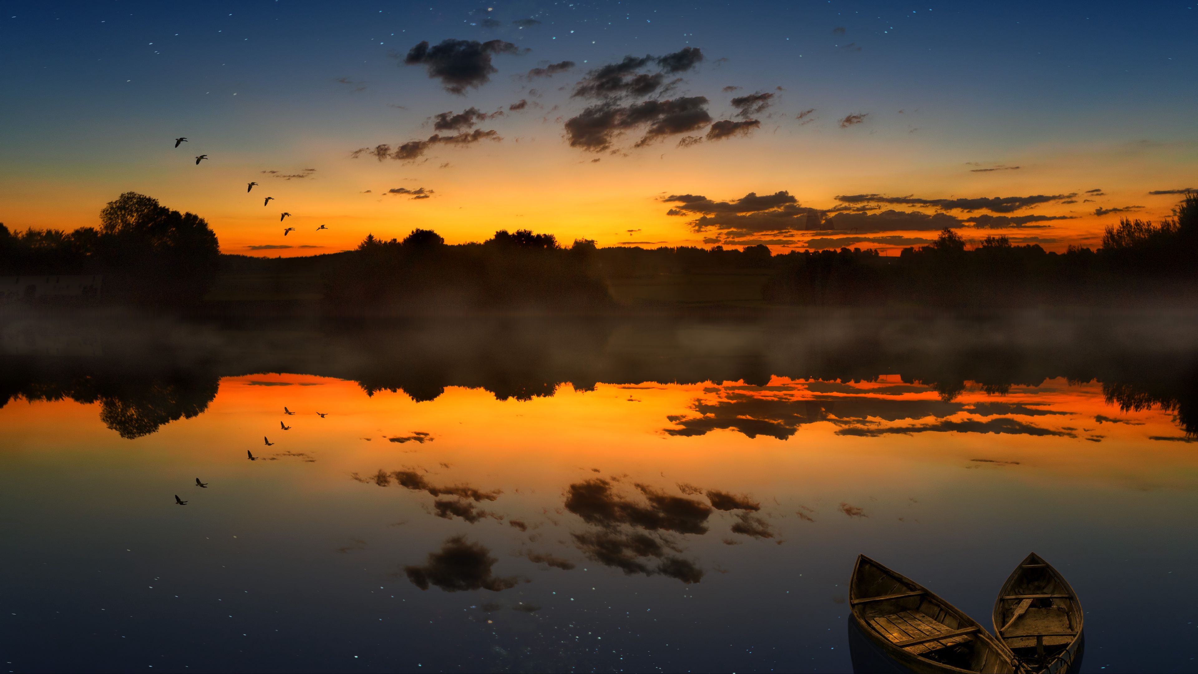 boats, sunset, lake, horizon, clouds, 4k, HD Wallpaper
