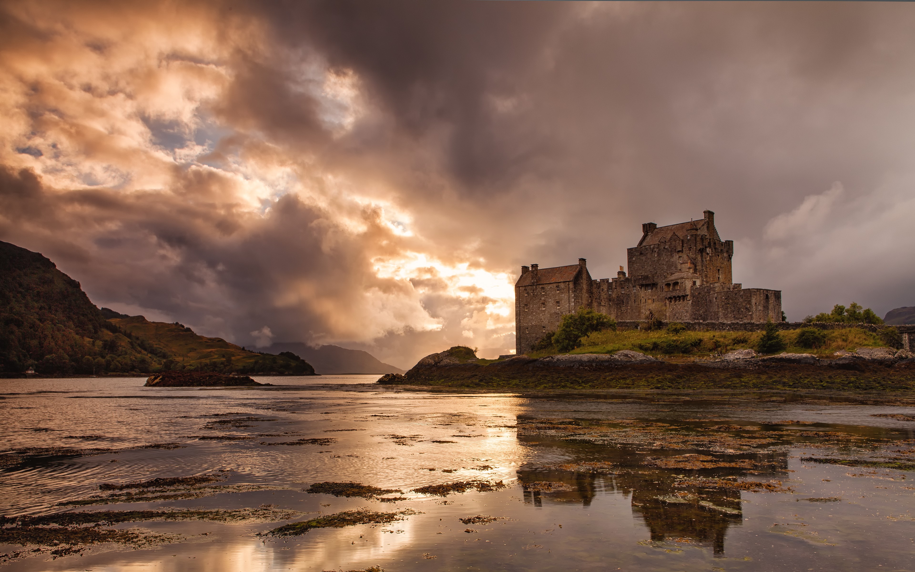 sunset, sky, castle, water, clouds, landscape, HD Wallpaper